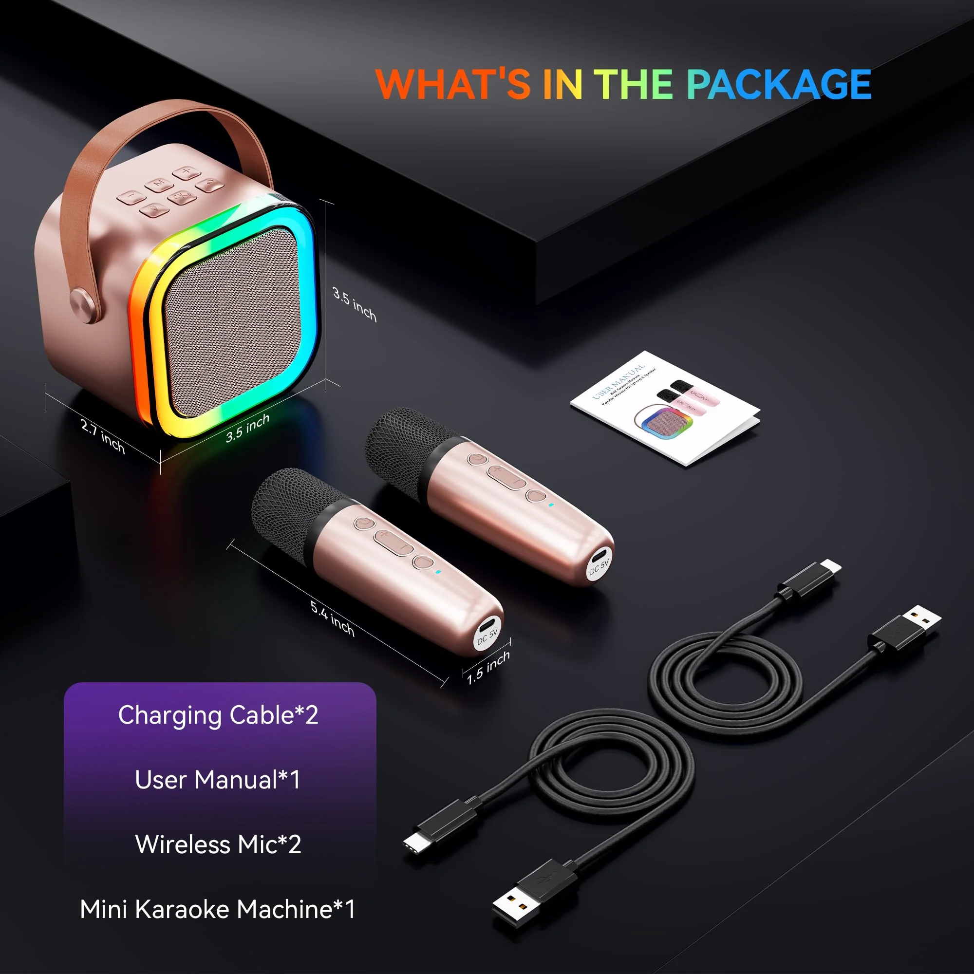 Karaoke Machine for Kids Adults, Portable Bluetooth Mini Karaoke Microphone Singing Speaker with 2 Wireless Mic and Light,Toys for All Smartphones,Birthday, Family,Home Party (Rose Gold) rose gold - Image 7