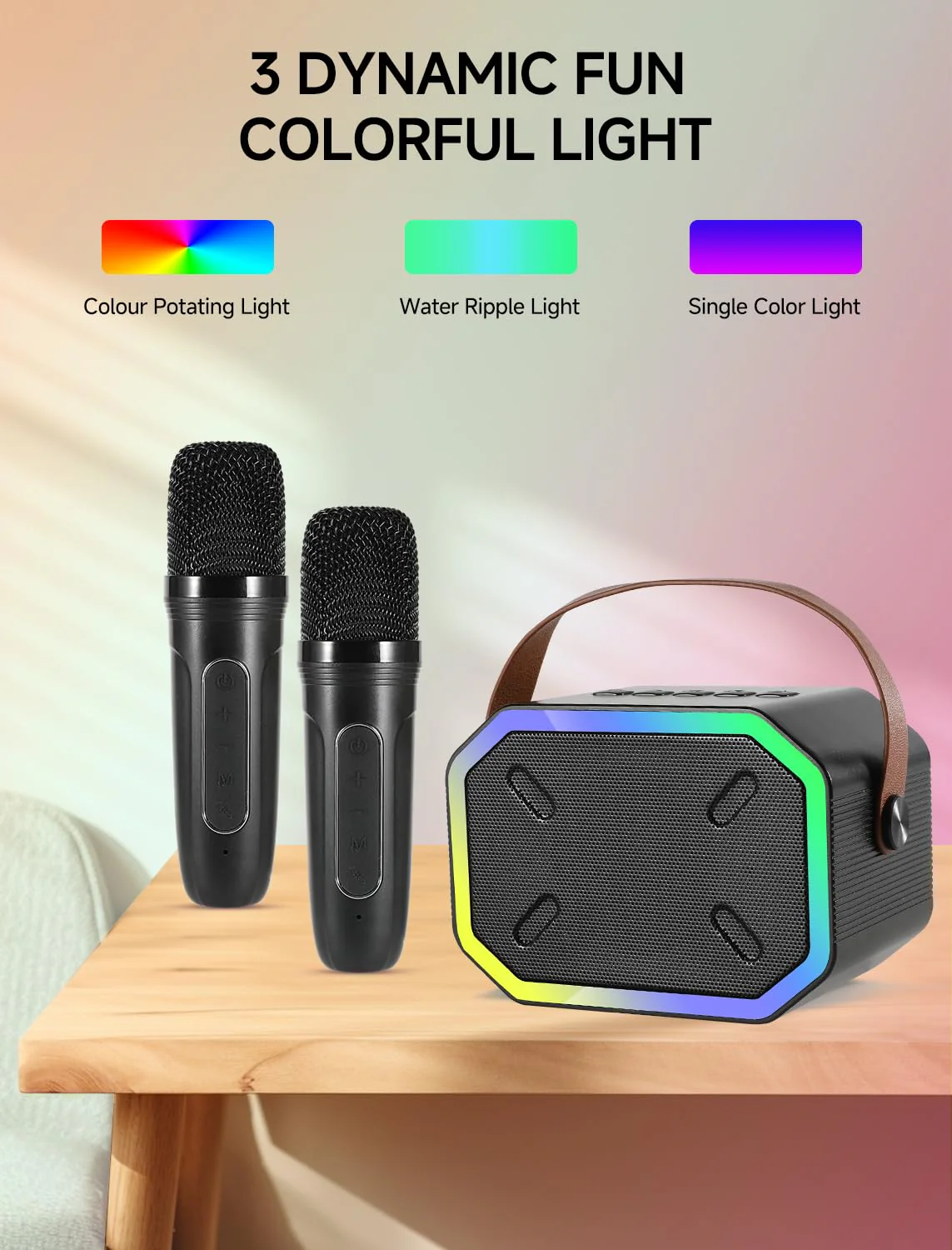 Karaoke Machine for Kids and Adults, Mini Portable Bluetooth Speaker with 2 Wireless Microphones, Led Lights for TV, Kids Gifts for Girls Boys Family Party Birthday (Black) Rectangle Black - Image 5
