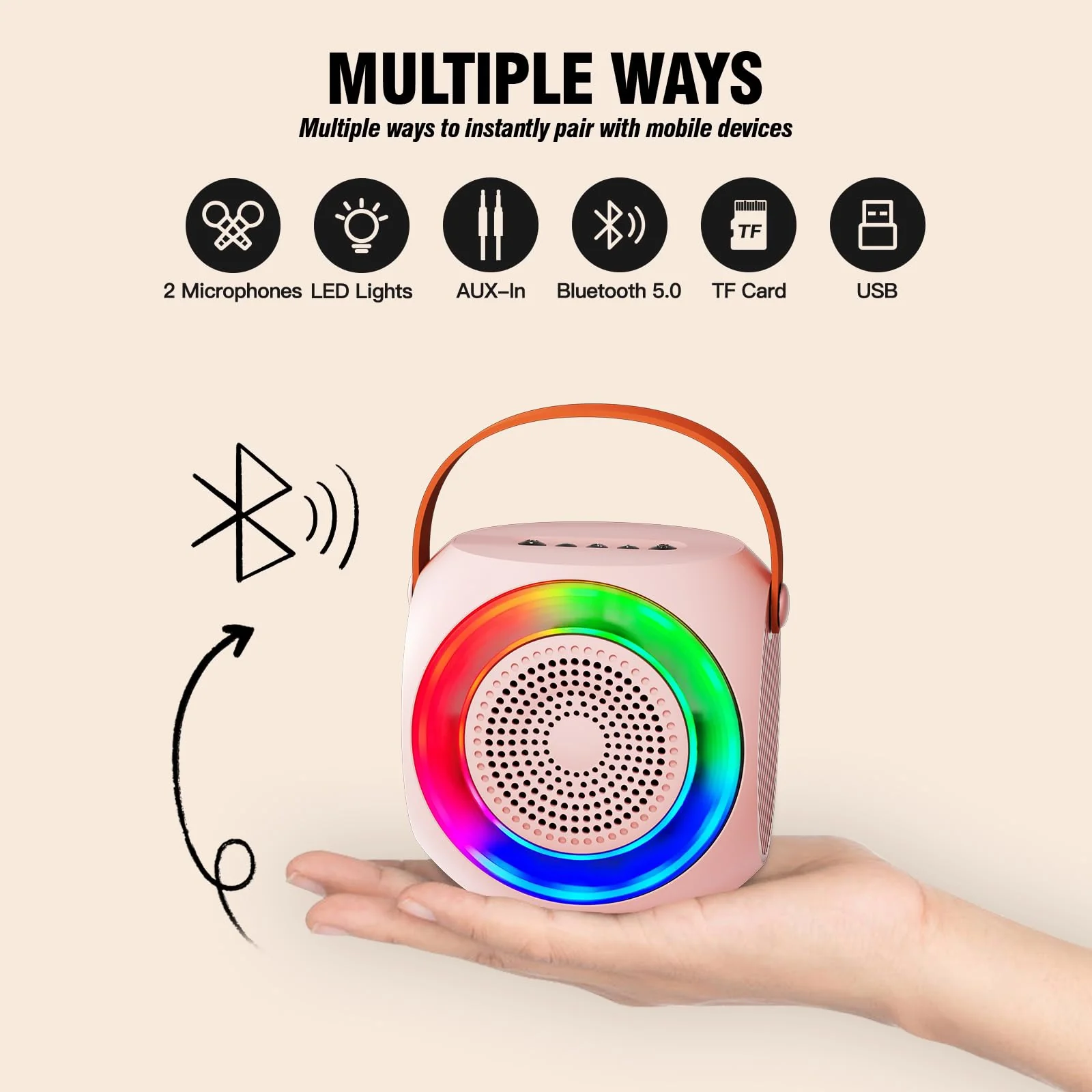 Karaoke Machine for Kids, Bluetooth Speaker with 2 Wireless Microphones and LED Lights, Birthday Gifts for Girls Ages 4, 5, 6, 7, 8, 9, 10, 12+(Pinkcolor) 2 MIC Pinkcolor - Image 4