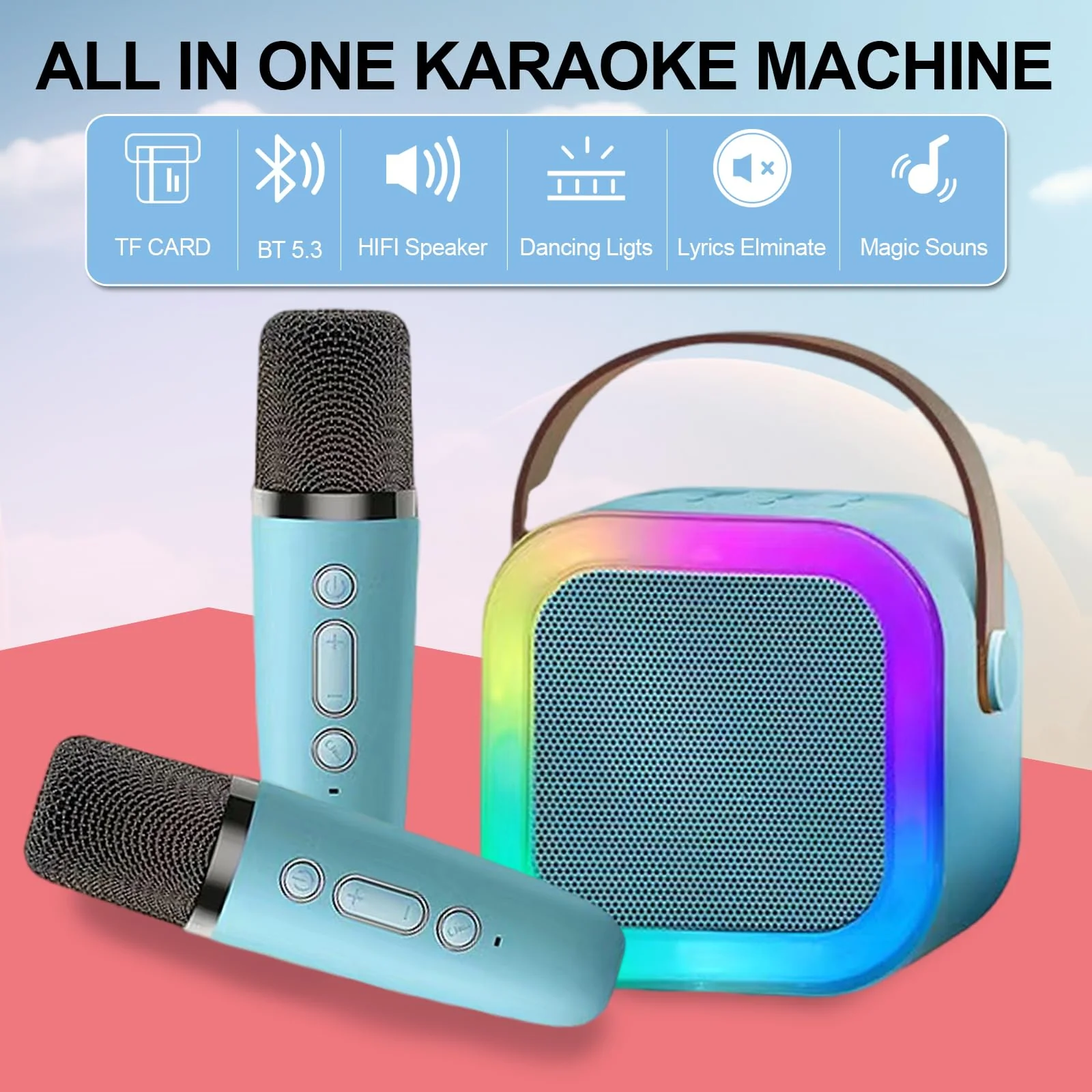 Karaoke Machine for Kids, Kids Karaoke Machine for Girls with 2 Wireless Microphones, Mini Portable Bluetooth Speaker Kids Karaoke Machine Gifts for Girls and Boys Family Party (Blue) blue - Image 2