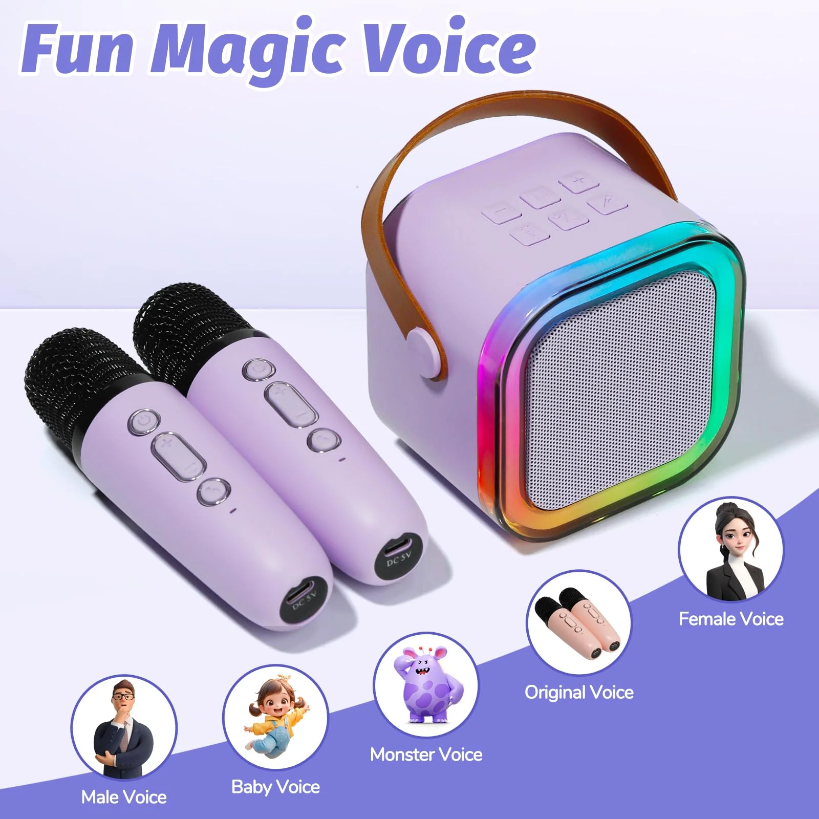 Karaoke Machine for Kids, Mini Karaoke Speaker with 2 Wireless Microphones,Voice Effects,LED Lights, Portable Singing Machine for Girl, Ages 3,4,5,6,7,8,9,10,11,12+ Years Old Birthday Gift(Purple) Purple - Image 2