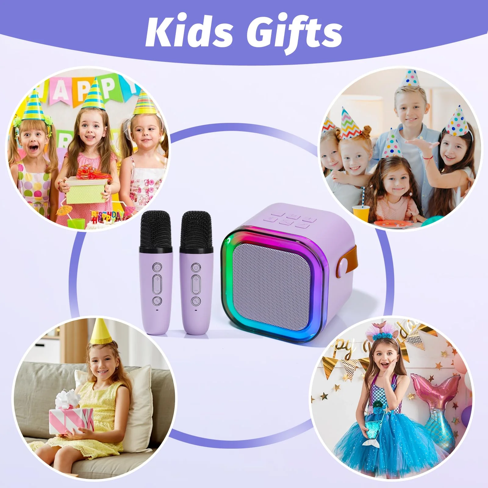 Karaoke Machine for Kids, Mini Karaoke Speaker with 2 Wireless Microphones,Voice Effects,LED Lights, Portable Singing Machine for Girl, Ages 3,4,5,6,7,8,9,10,11,12+ Years Old Birthday Gift(Purple) Purple - Image 3