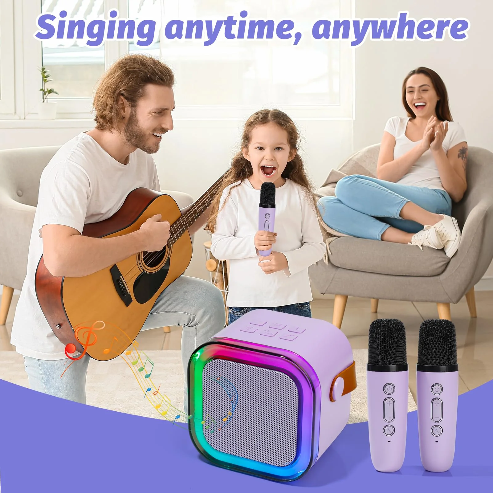 Karaoke Machine for Kids, Mini Karaoke Speaker with 2 Wireless Microphones,Voice Effects,LED Lights, Portable Singing Machine for Girl, Ages 3,4,5,6,7,8,9,10,11,12+ Years Old Birthday Gift(Purple) Purple - Image 4