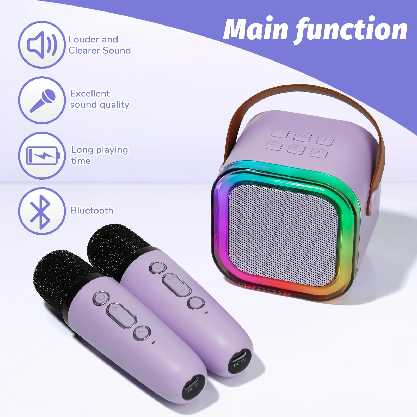 Karaoke Machine for Kids, Mini Karaoke Speaker with 2 Wireless Microphones,Voice Effects,LED Lights, Portable Singing Machine for Girl, Ages 3,4,5,6,7,8,9,10,11,12+ Years Old Birthday Gift(Purple) Purple - Image 6