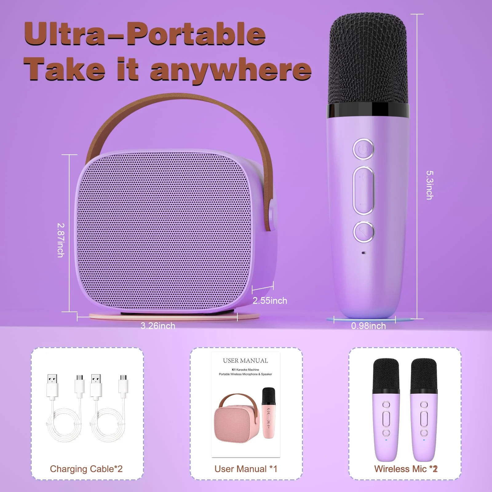Karaoke Machine for Kids,Most Popular Birthday Gifts for 3, 4, 5, 6, 7, 8, 9, 10,11,12 +Year Old Girls Boys,Mini Karaoke Machine with 2 Wireless Microphones,Portable Bluetooth Home Party (Purple) 2 Mic Purple2 - Image 6