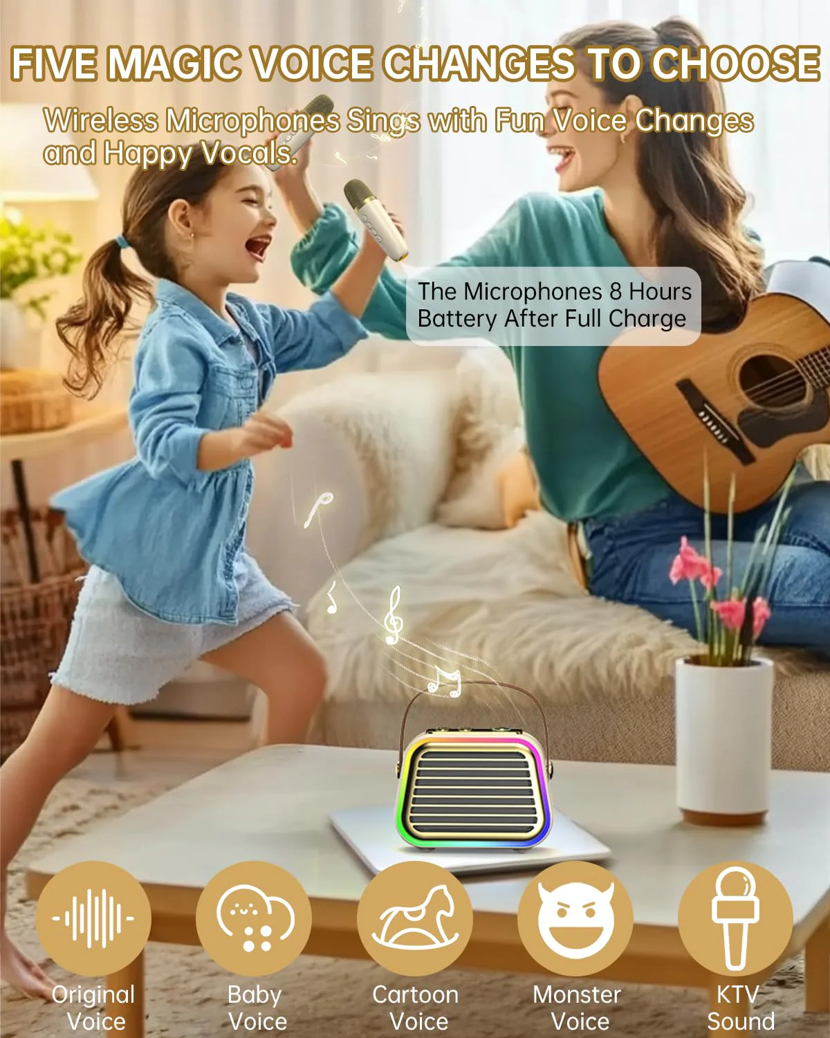 Karaoke Machine for Kids,Portable Bluetooth Mini Karaoke Machine with 2 Wireless Microphones,Five Dynamic LED and Funny Sound for Home Party,Christmas Brithday Ideal Gifts 2-mic - Image 3