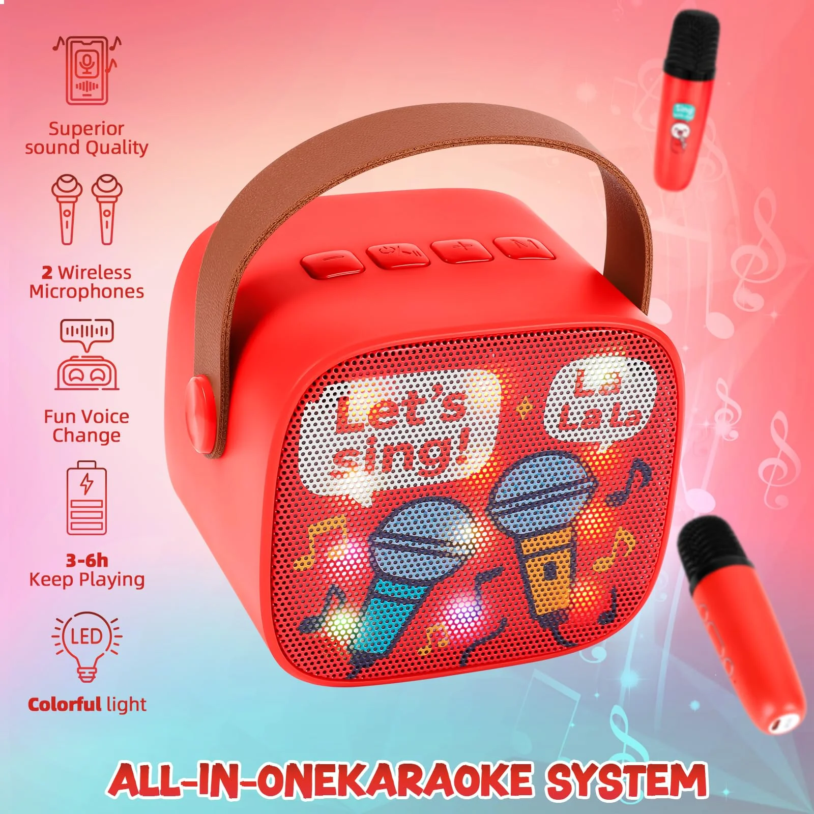 Karaoke Machine for Kids, Portable Bluetooth Mini Karaoke,with 2 Wireless Microphones,Support TF/AUX Input/Funny Magic Voice for All Smartphones,Birthday, Family,Home Party (Song) - Image 2