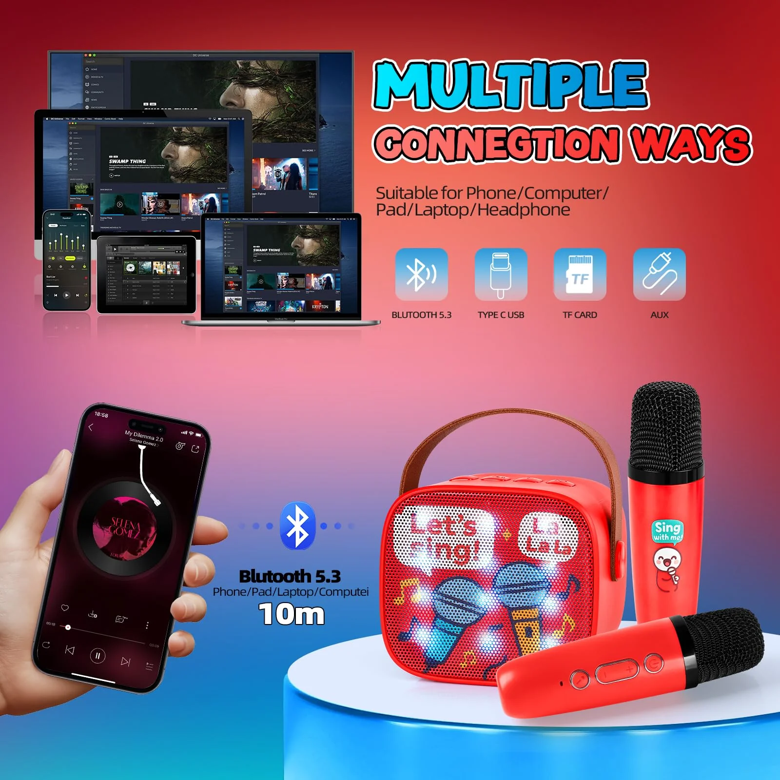 Karaoke Machine for Kids, Portable Bluetooth Mini Karaoke,with 2 Wireless Microphones,Support TF/AUX Input/Funny Magic Voice for All Smartphones,Birthday, Family,Home Party (Song) - Image 3
