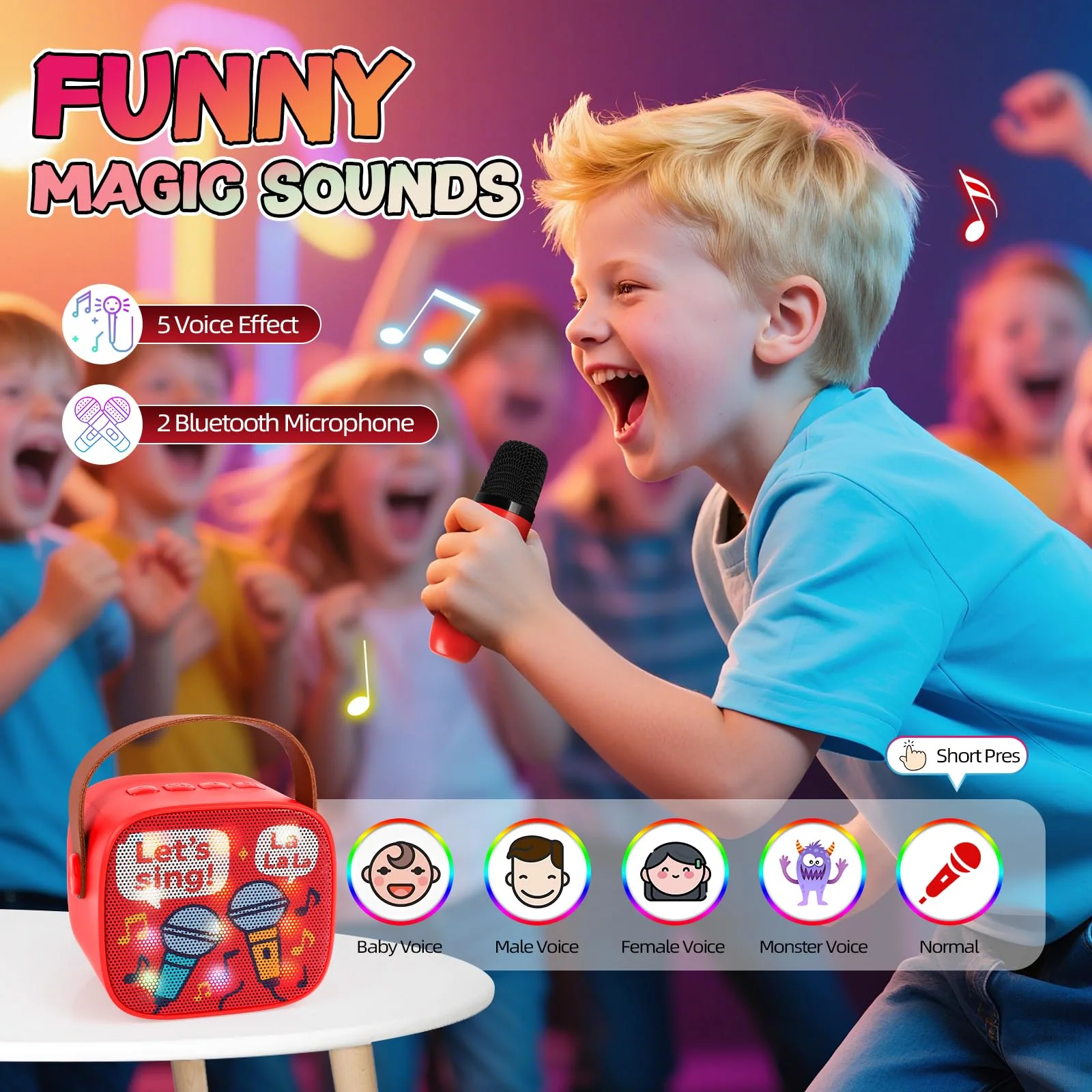 Karaoke Machine for Kids, Portable Bluetooth Mini Karaoke,with 2 Wireless Microphones,Support TF/AUX Input/Funny Magic Voice for All Smartphones,Birthday, Family,Home Party (Song) - Image 4