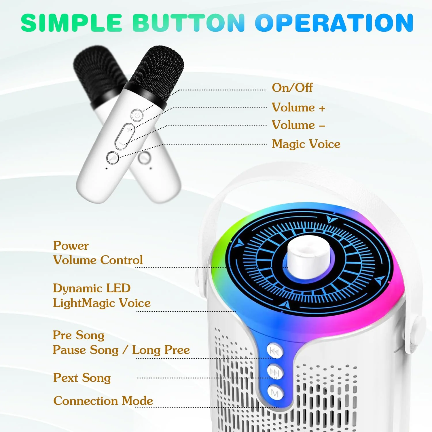 Karaoke Machine, Portable Karaoke Speaker for Adults Kids, Mini Bluetooth Speaker with 2 Wireless Mics and Dynamic Lights, Ideal Gifts Toys for Girls Boys Family Home Party - Image 4