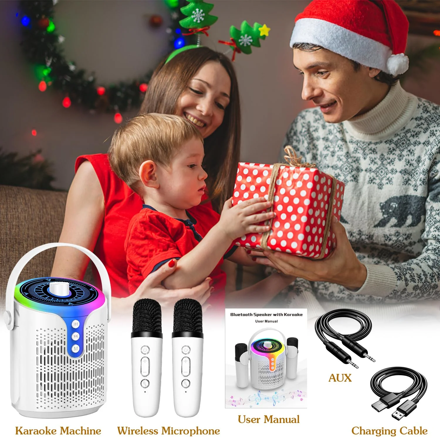 Karaoke Machine, Portable Karaoke Speaker for Adults Kids, Mini Bluetooth Speaker with 2 Wireless Mics and Dynamic Lights, Ideal Gifts Toys for Girls Boys Family Home Party - Image 7