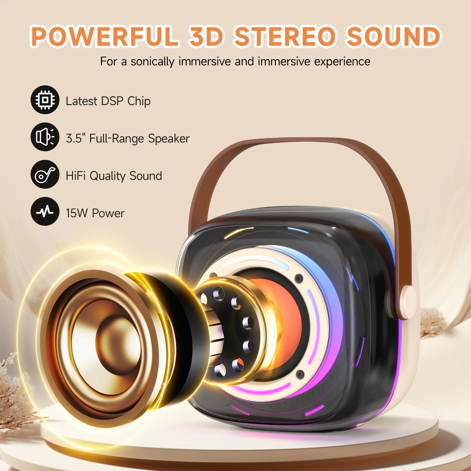 Karaoke Machine with 1 Wireless Mircophone for Adults Kids, Portable Bluetooth Karaoke Speaker with 3.5" Full-Range Speaker and Colorful LED Lights, Support USB/TF Card/AUX (1Mics) 1Mics - Image 2