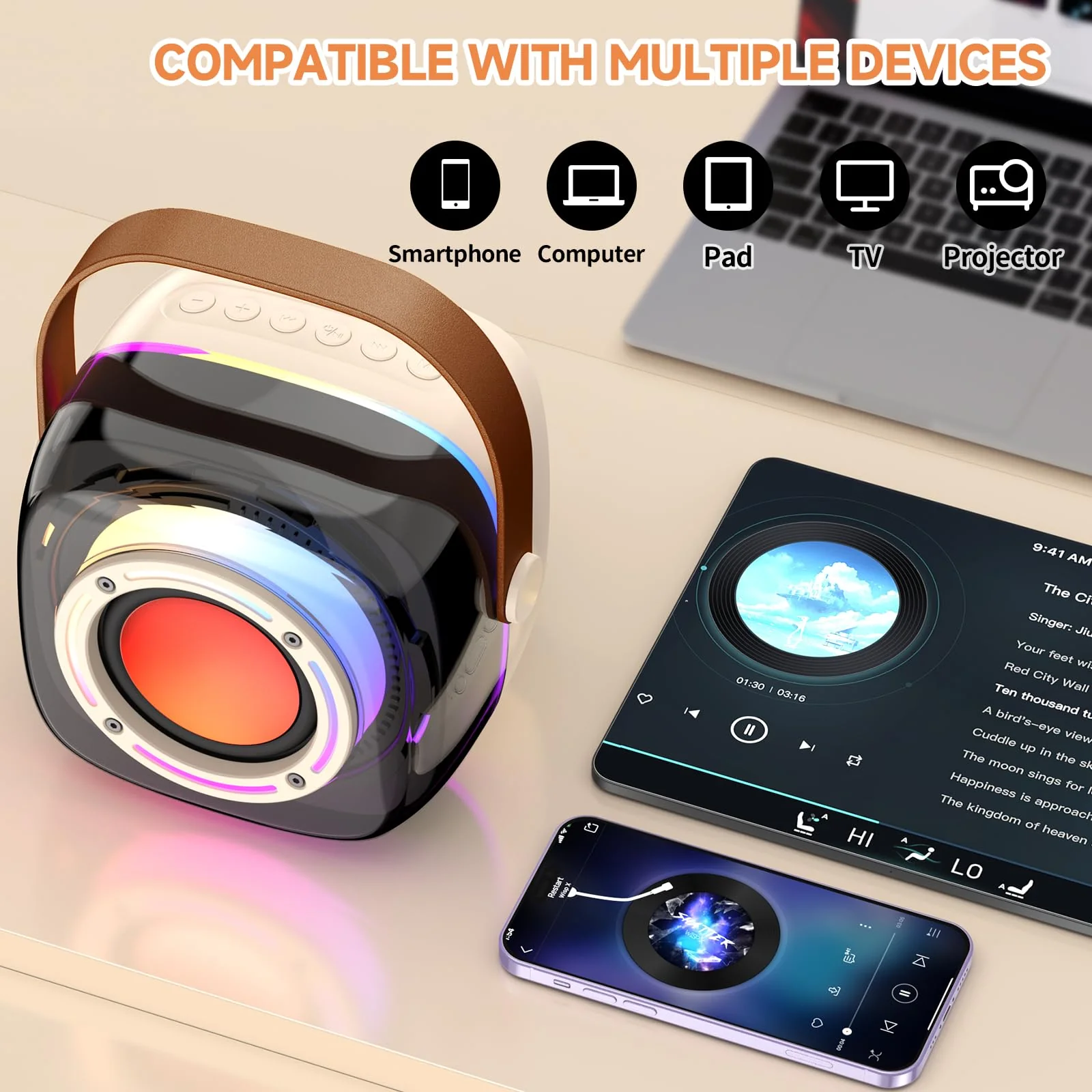 Karaoke Machine with 1 Wireless Mircophone for Adults Kids, Portable Bluetooth Karaoke Speaker with 3.5" Full-Range Speaker and Colorful LED Lights, Support USB/TF Card/AUX (1Mics) 1Mics - Image 5
