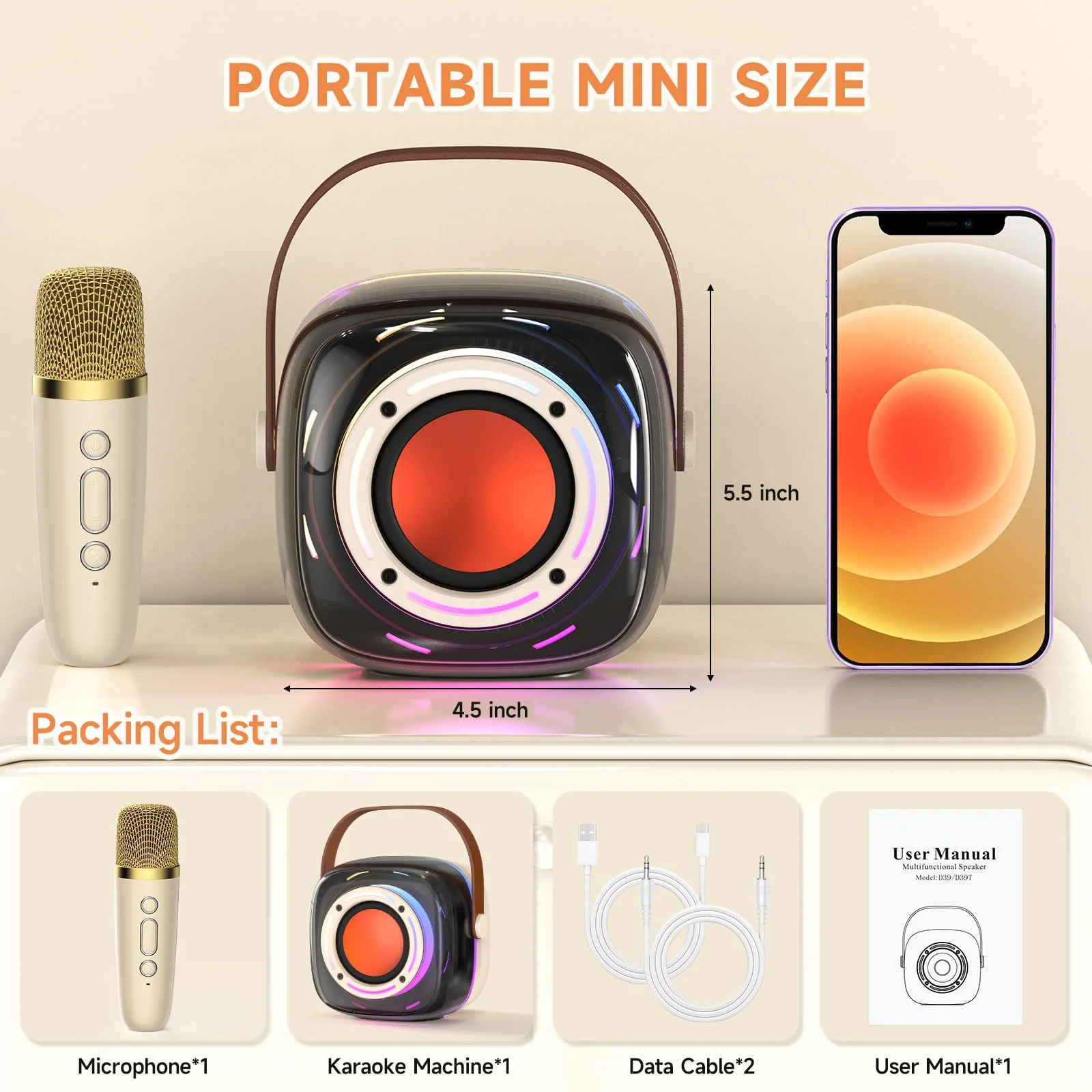 Karaoke Machine with 1 Wireless Mircophone for Adults Kids, Portable Bluetooth Karaoke Speaker with 3.5" Full-Range Speaker and Colorful LED Lights, Support USB/TF Card/AUX (1Mics) 1Mics - Image 6