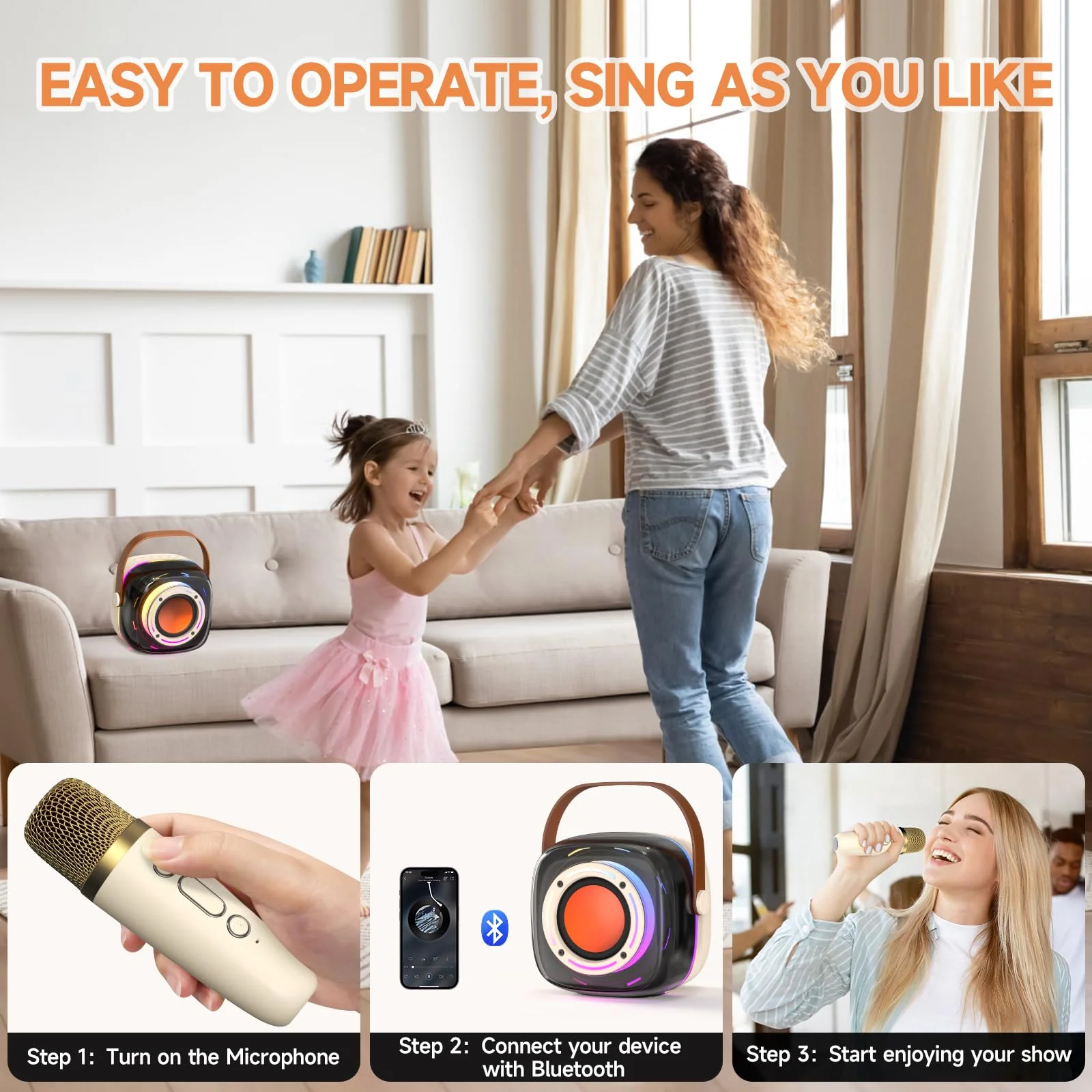 Karaoke Machine with 1 Wireless Mircophone for Adults Kids, Portable Bluetooth Karaoke Speaker with 3.5" Full-Range Speaker and Colorful LED Lights, Support USB/TF Card/AUX (1Mics) 1Mics - Image 8