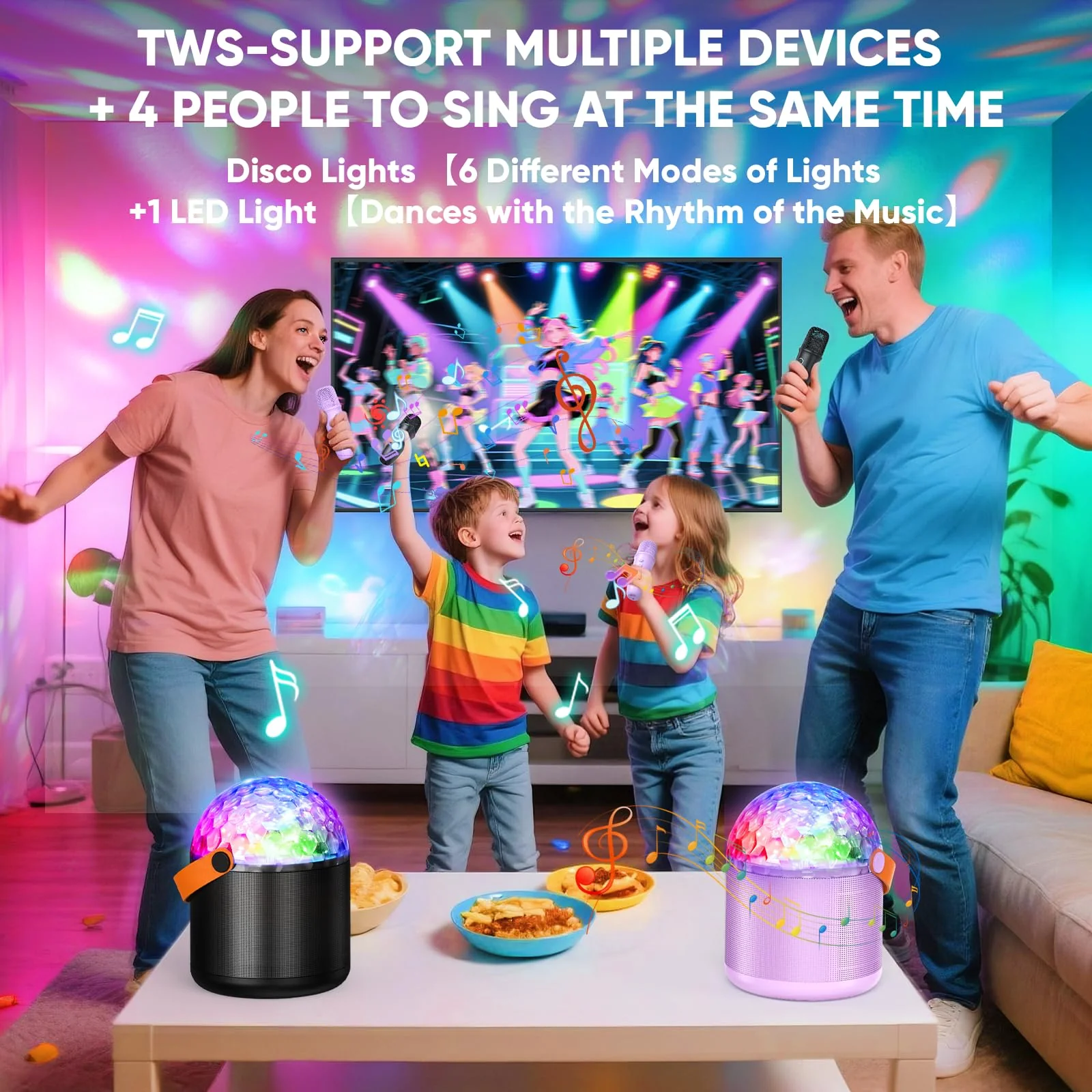 Karaoke Machine with Disco LED Lights for Adults Kids, Portable Bluetooth Speaker with 2 Wireless Microphone, Christmas Birthday Gifts Toys for 3-12+ Kids Family Home Party Stocking Stuffers Purple - Image 2