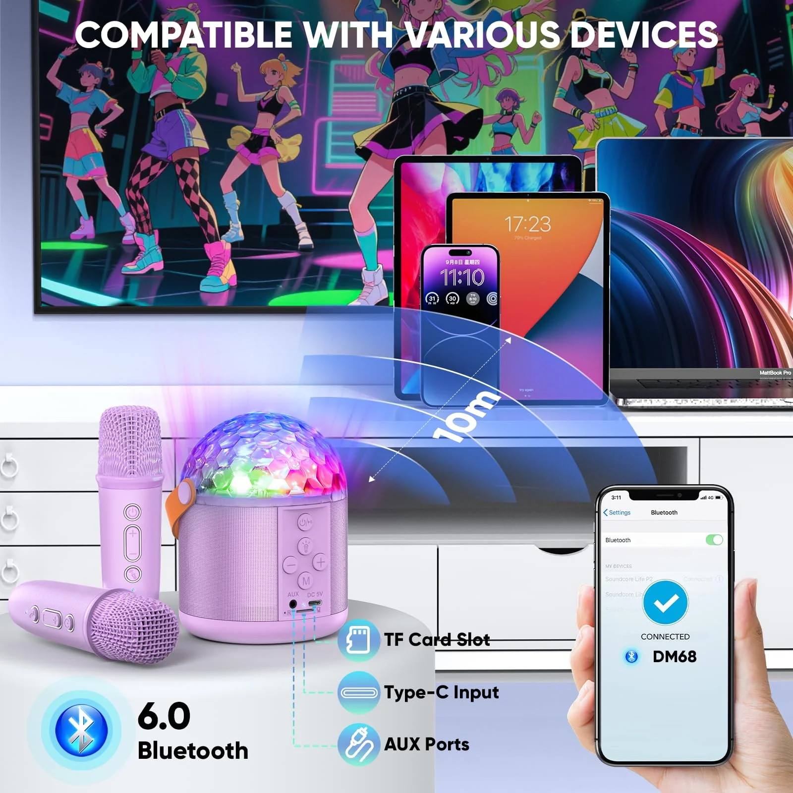 Karaoke Machine with Disco LED Lights for Adults Kids, Portable Bluetooth Speaker with 2 Wireless Microphone, Christmas Birthday Gifts Toys for 3-12+ Kids Family Home Party Stocking Stuffers Purple - Image 4