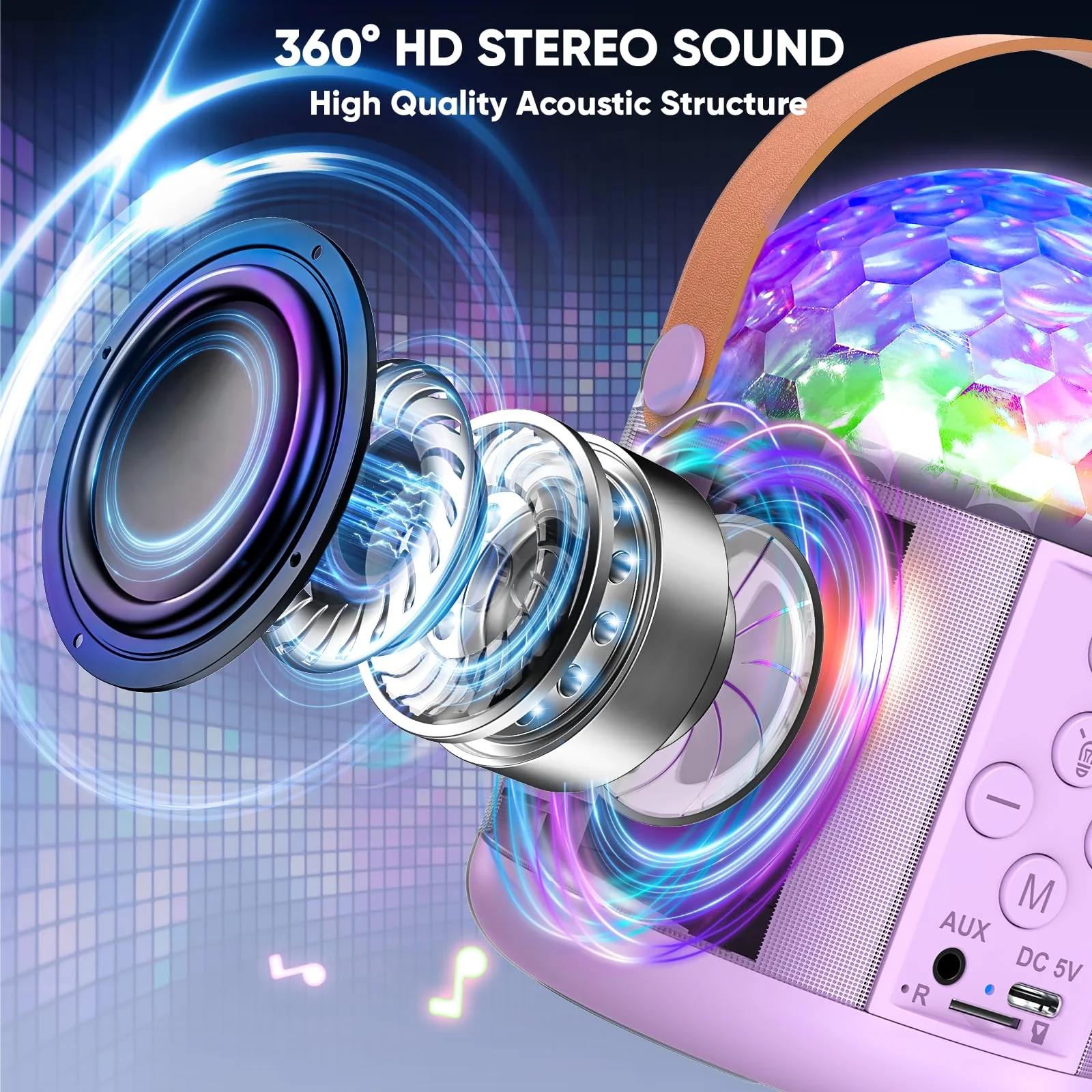 Karaoke Machine with Disco LED Lights for Adults Kids, Portable Bluetooth Speaker with 2 Wireless Microphone, Christmas Birthday Gifts Toys for 3-12+ Kids Family Home Party Stocking Stuffers Purple - Image 5