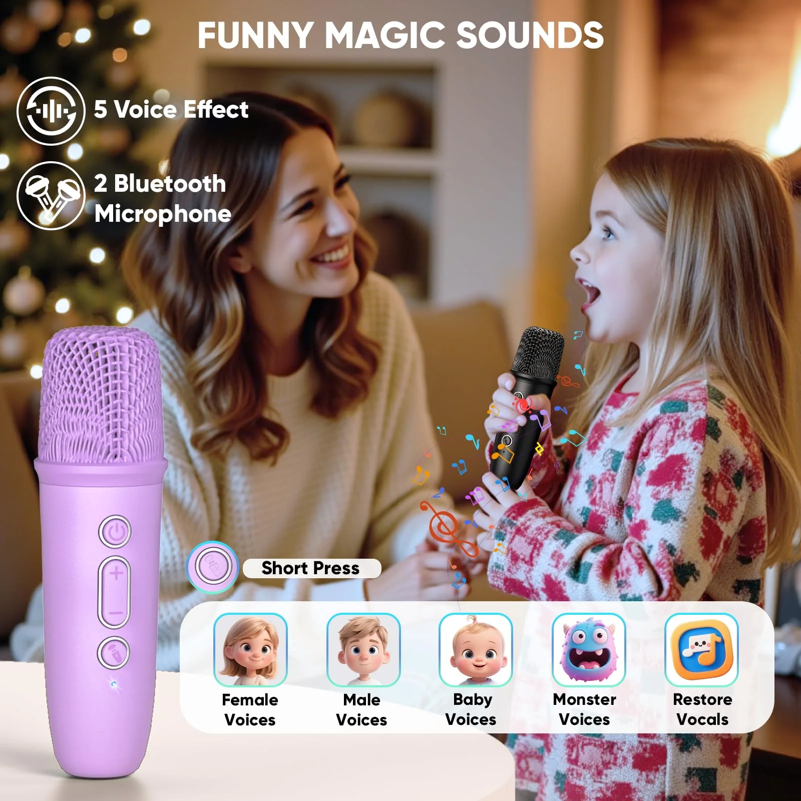 Karaoke Machine with Disco LED Lights for Adults Kids, Portable Bluetooth Speaker with 2 Wireless Microphone, Christmas Birthday Gifts Toys for 3-12+ Kids Family Home Party Stocking Stuffers Purple - Image 6