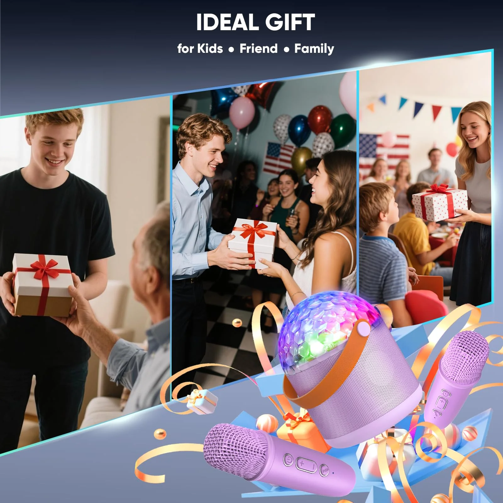 Karaoke Machine with Disco LED Lights for Adults Kids, Portable Bluetooth Speaker with 2 Wireless Microphone, Christmas Birthday Gifts Toys for 3-12+ Kids Family Home Party Stocking Stuffers Purple - Image 7