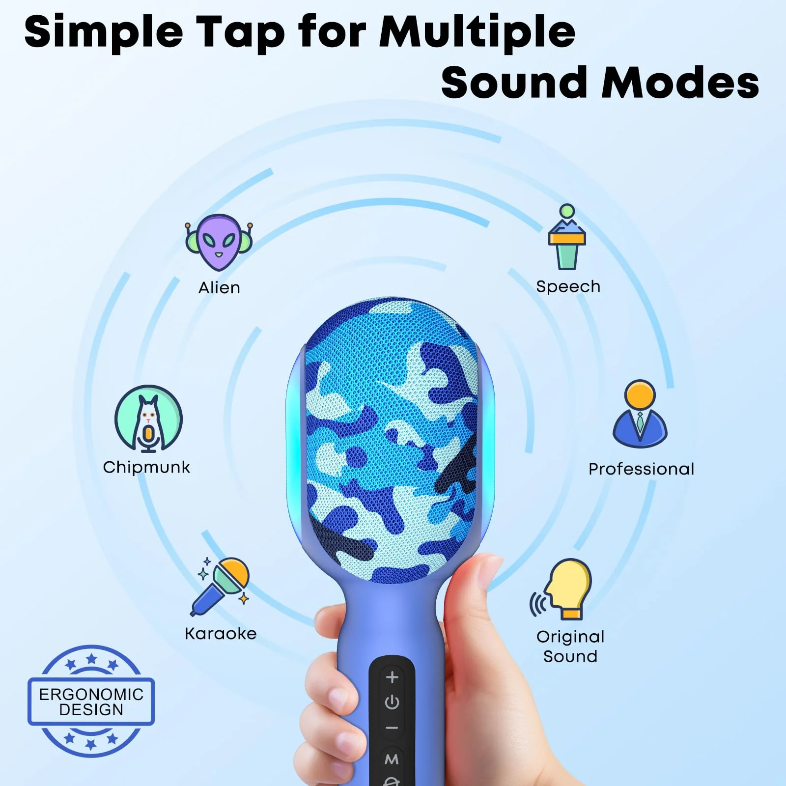 Karaoke Microphone Wireless Bluetooth with Speaker, Portable Handheld Mic for Kid Adult, 6 Voice Changer & 4 LED Light Effects, Singing Microphone with Speech Mode, Birthday Gift for Girls Boys Teens Blue - Image 3