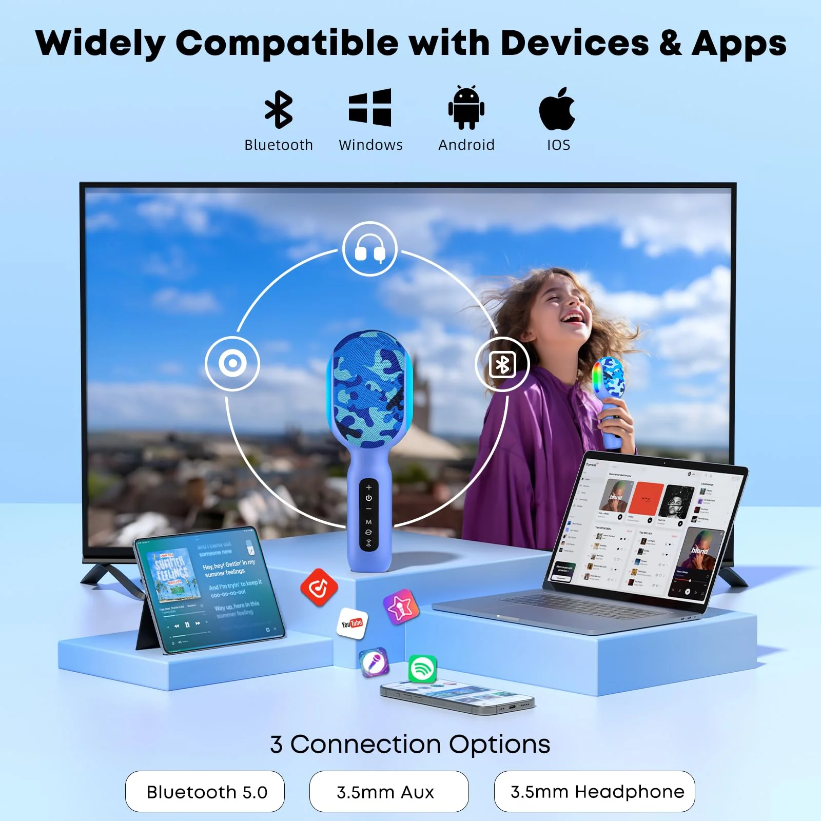 Karaoke Microphone Wireless Bluetooth with Speaker, Portable Handheld Mic for Kid Adult, 6 Voice Changer & 4 LED Light Effects, Singing Microphone with Speech Mode, Birthday Gift for Girls Boys Teens Blue - Image 5
