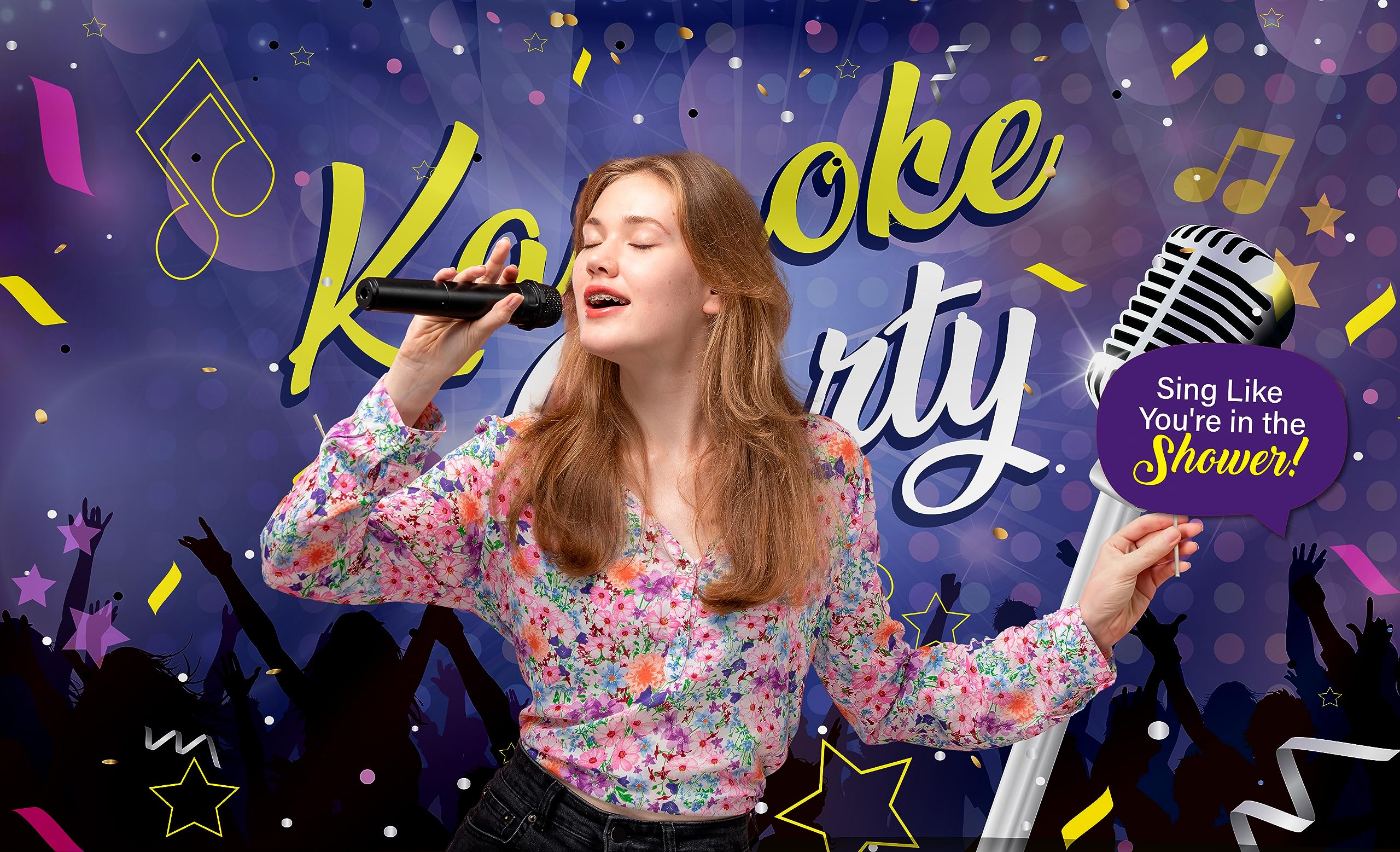 Karaoke Party Decoration Kit - Includes Photography Backdrop & 10 Studio Selfie Photo Booth Props with Sticks - Music Disco Theme Studio Background Banner Birthday Supplies Karaoke - Image 2