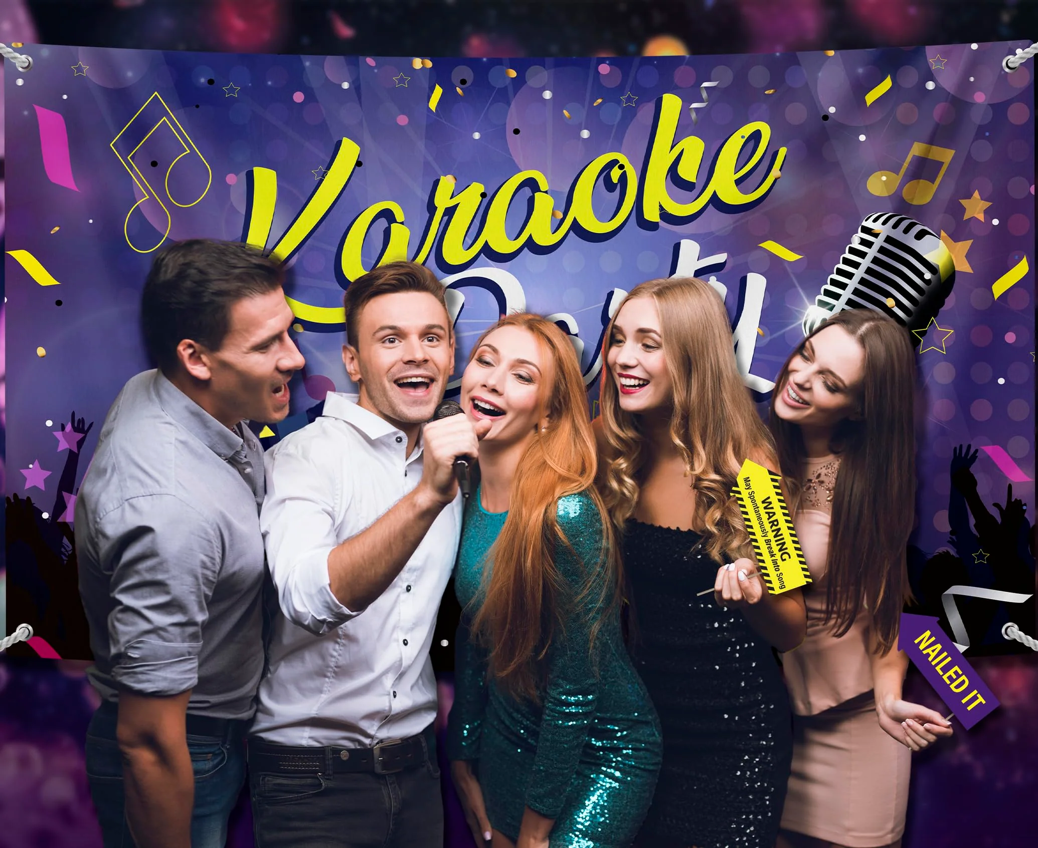 Karaoke Party Decoration Kit - Includes Photography Backdrop & 10 Studio Selfie Photo Booth Props with Sticks - Music Disco Theme Studio Background Banner Birthday Supplies Karaoke - Image 8