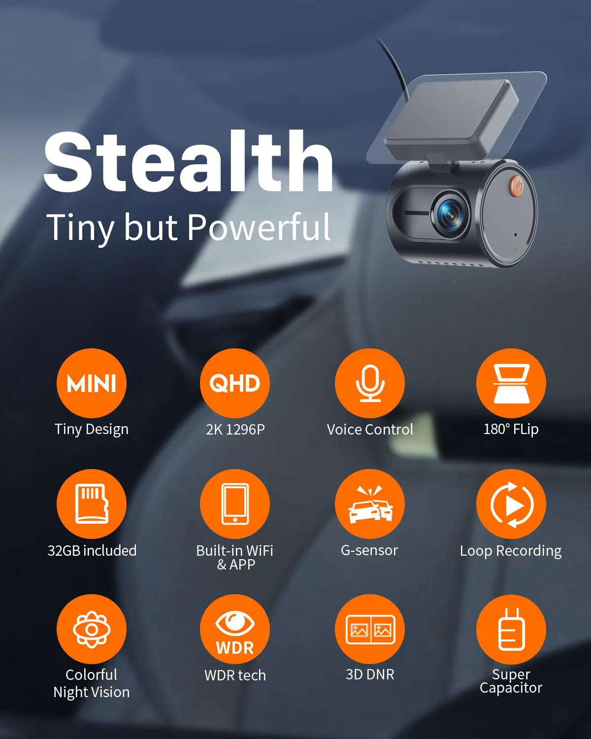 KAWA 2K Tiny Dash Cam, 1296P QHD Mini Car Camera DashCam - Voice Control, G -Sensor, Free 32GB TF Card, Built-in WiFi, APP Control, WDR/3D DNR with Super Night Vision, 24H Parking Mode Black - Image 2