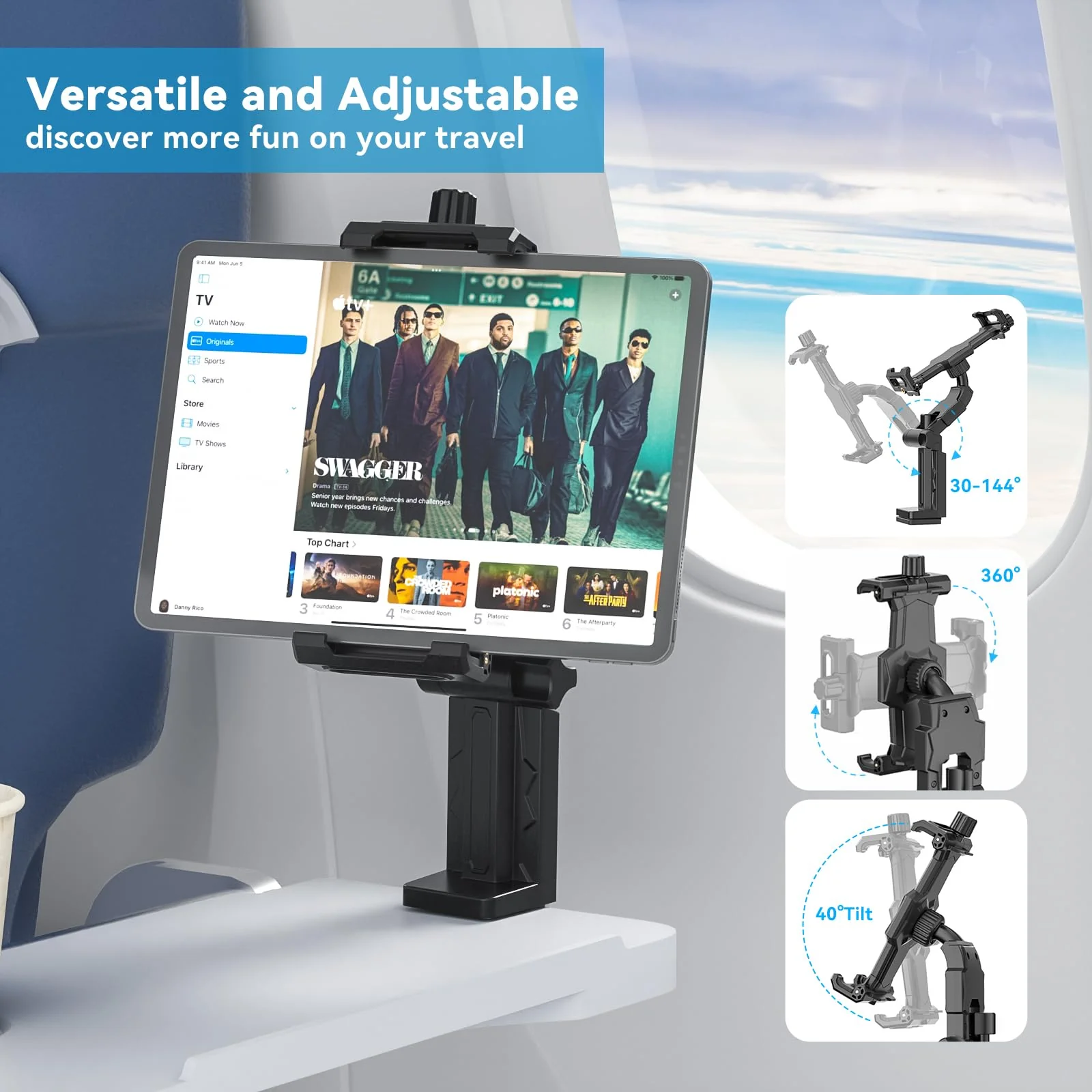 KDD Airplane Tablet Holder Mount, Adjustable Travel Essentials iPad Phone Stand with 360 Degree Rotation, Portable Tesla Model 3/Y Car Headrest Mount Compatible with iPad, Phone, Switch - Image 2