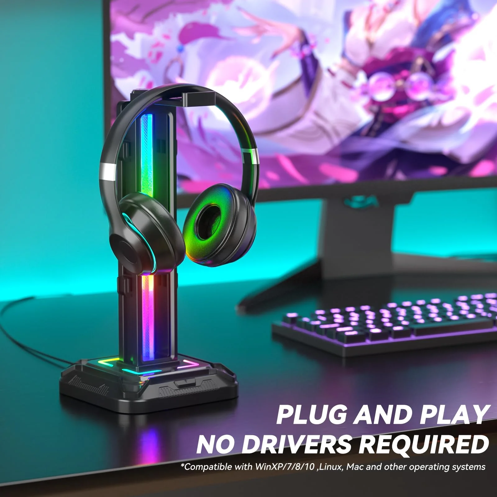 KDD RGB Headset Stand with 9 Light Modes - Controller Holder for Desk - Rotatable Headphone Stand & Detachable Controller Hook for PC Earphone Accessories(Black) Black - Image 2