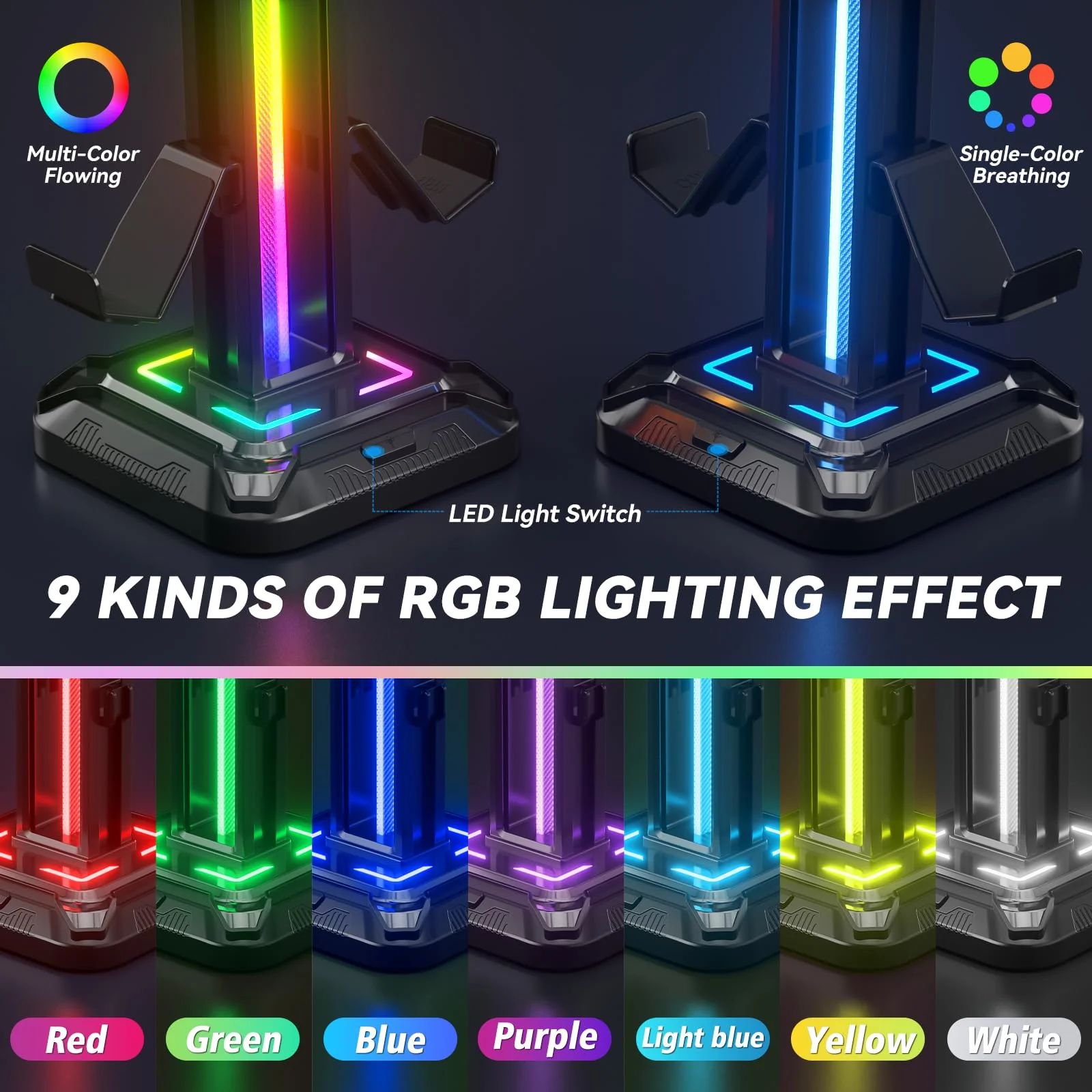 KDD RGB Headset Stand with 9 Light Modes - Controller Holder for Desk - Rotatable Headphone Stand & Detachable Controller Hook for PC Earphone Accessories(Black) Black - Image 3