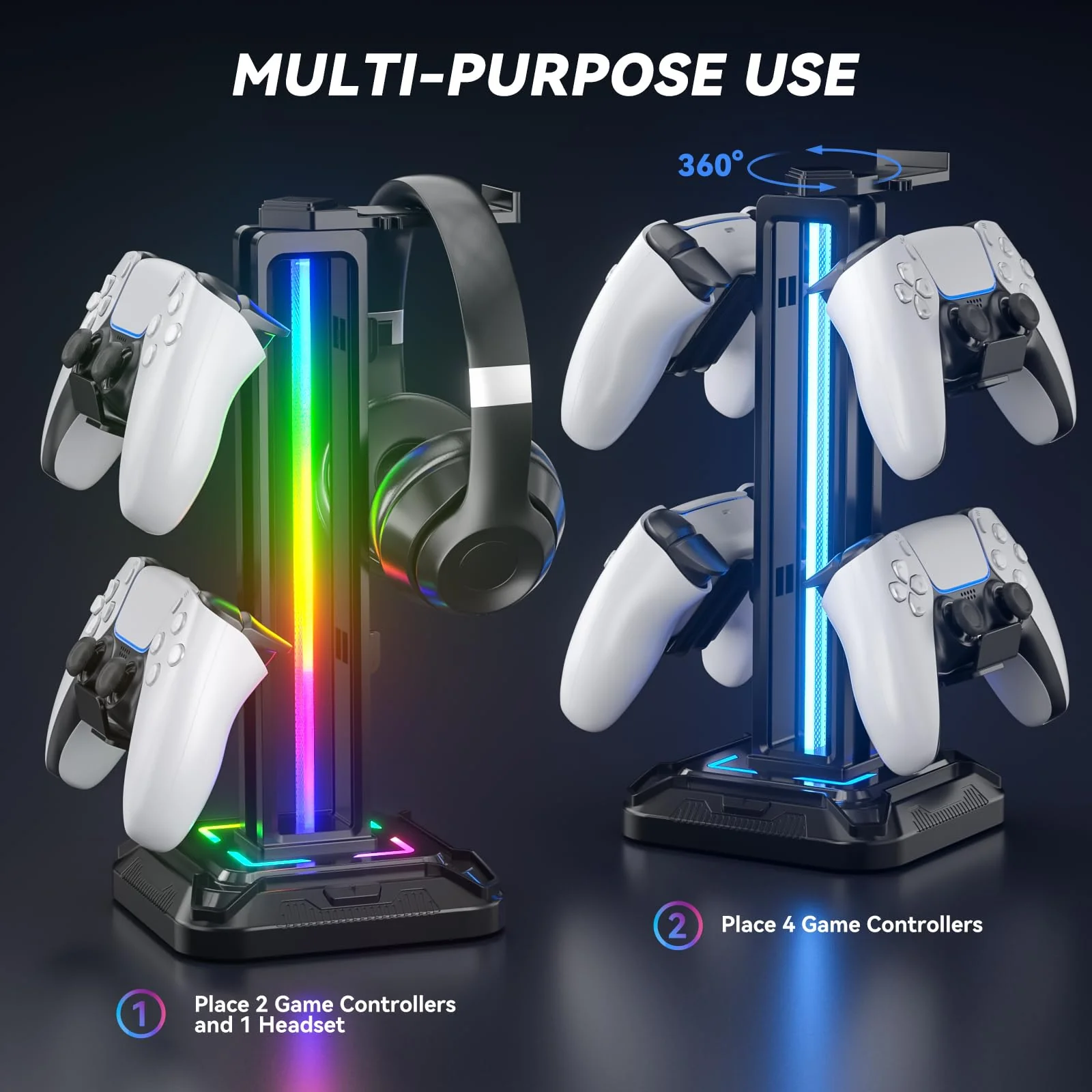 KDD RGB Headset Stand with 9 Light Modes - Controller Holder for Desk - Rotatable Headphone Stand & Detachable Controller Hook for PC Earphone Accessories(Black) Black - Image 4