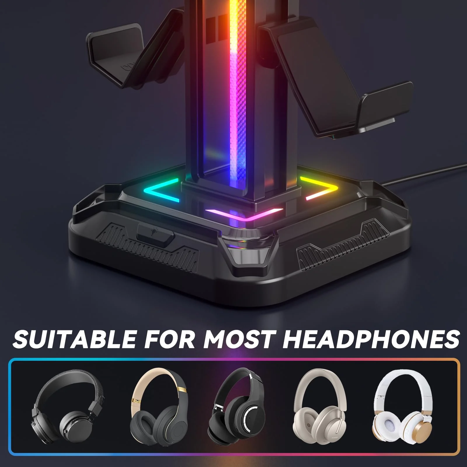 KDD RGB Headset Stand with 9 Light Modes - Controller Holder for Desk - Rotatable Headphone Stand & Detachable Controller Hook for PC Earphone Accessories(Black) Black - Image 5