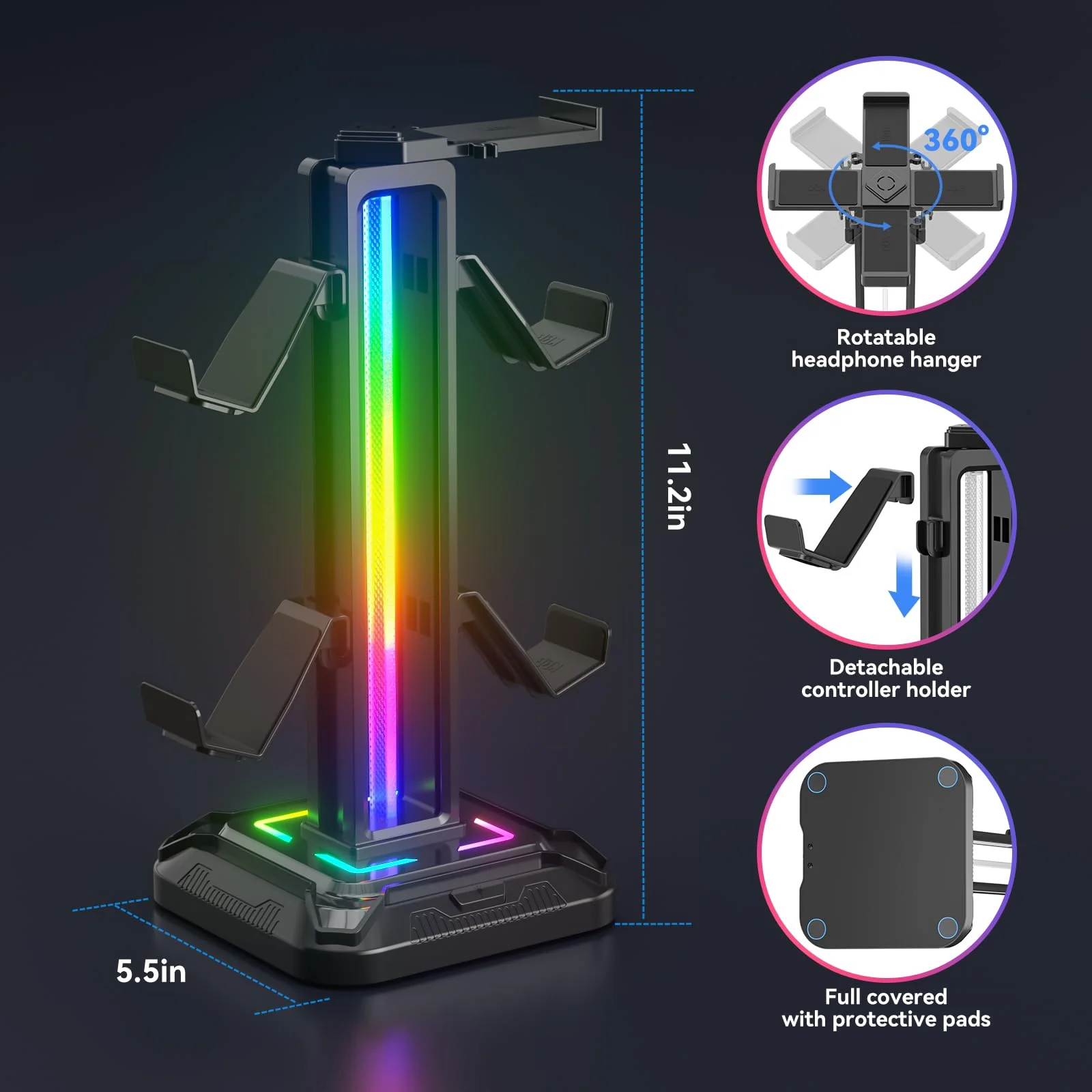 KDD RGB Headset Stand with 9 Light Modes - Controller Holder for Desk - Rotatable Headphone Stand & Detachable Controller Hook for PC Earphone Accessories(Black) Black - Image 6