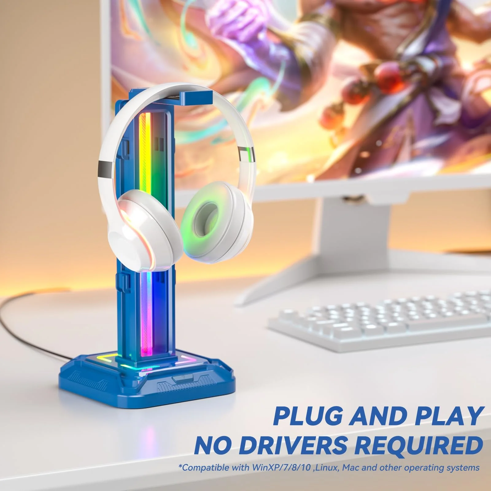 KDD RGB Headset Stand with 9 Light Modes - Controller Holder for Desk - Rotatable Headphone Stand & Detachable Controller Hook for PC Earphone Accessories(Blue) Blue - Image 2