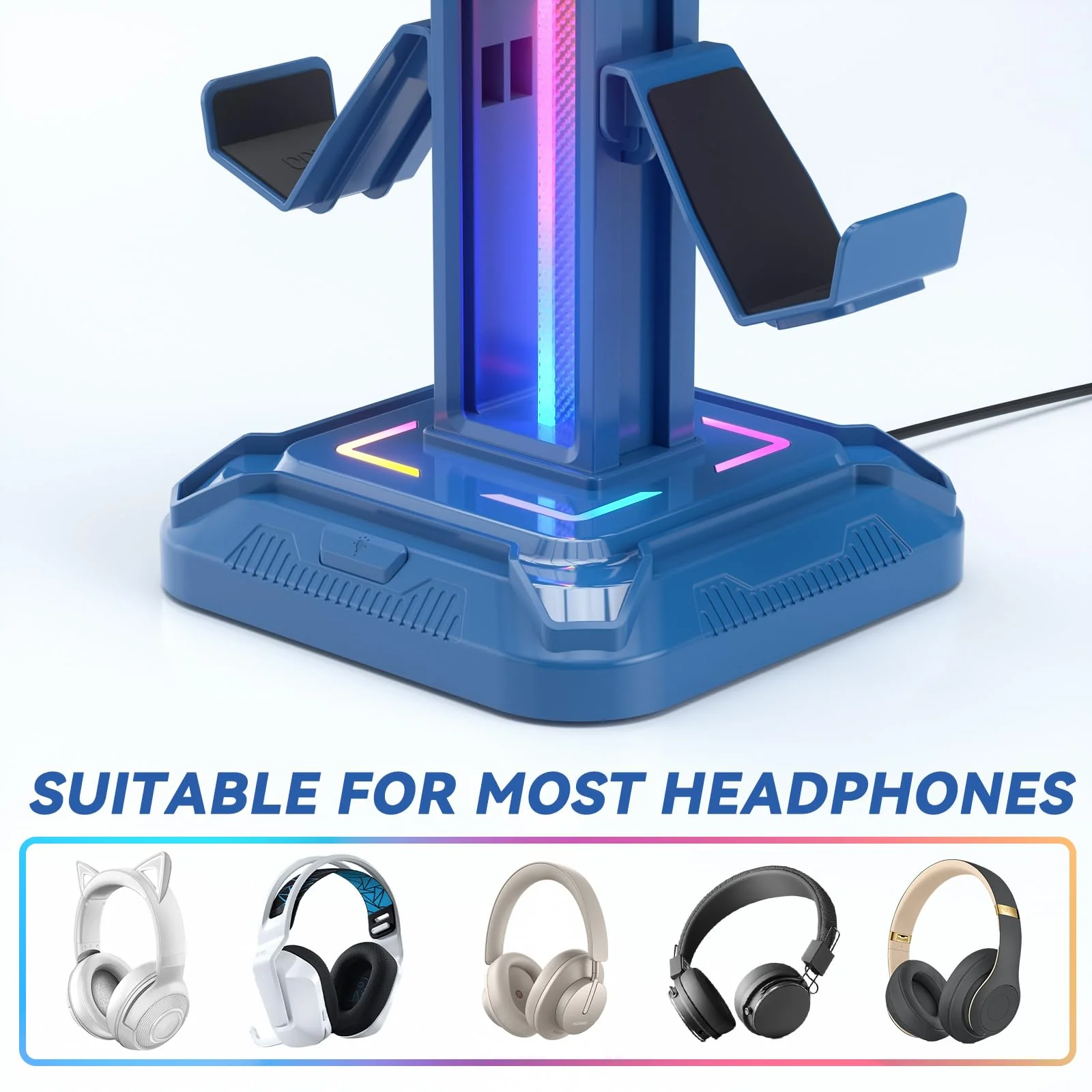 KDD RGB Headset Stand with 9 Light Modes - Controller Holder for Desk - Rotatable Headphone Stand & Detachable Controller Hook for PC Earphone Accessories(Blue) Blue - Image 5