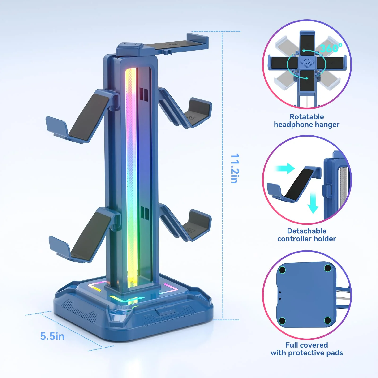 KDD RGB Headset Stand with 9 Light Modes - Controller Holder for Desk - Rotatable Headphone Stand & Detachable Controller Hook for PC Earphone Accessories(Blue) Blue - Image 6
