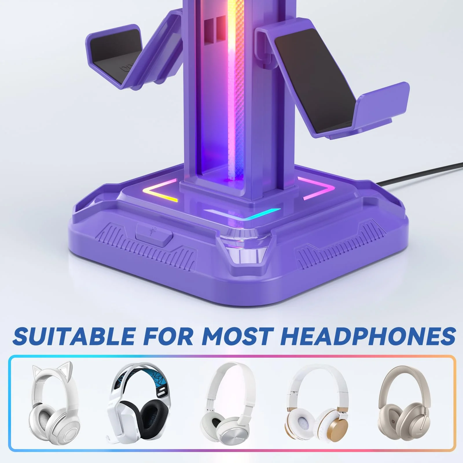 KDD RGB Headset Stand with 9 Light Modes - Controller Holder for Desk - Rotatable Headphone Stand & Detachable Controller Hook for PC Earphone Accessories(Purple) Purple - Image 5