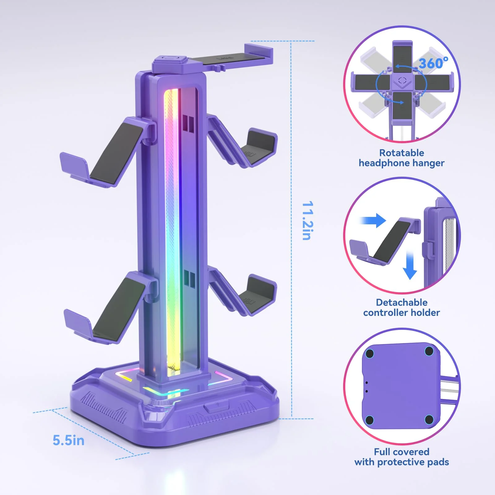 KDD RGB Headset Stand with 9 Light Modes - Controller Holder for Desk - Rotatable Headphone Stand & Detachable Controller Hook for PC Earphone Accessories(Purple) Purple - Image 6