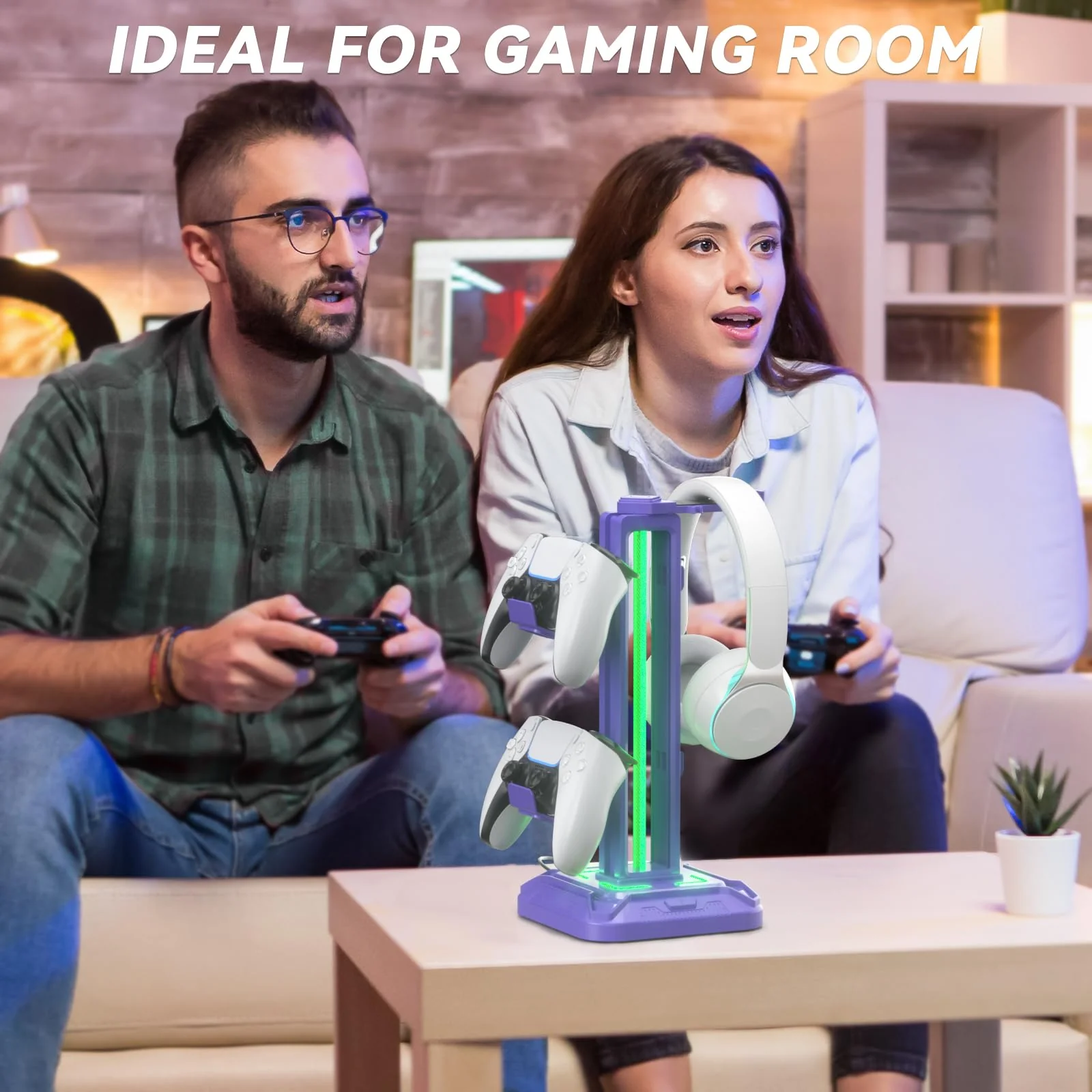 KDD RGB Headset Stand with 9 Light Modes - Controller Holder for Desk - Rotatable Headphone Stand & Detachable Controller Hook for PC Earphone Accessories(Purple) Purple - Image 7