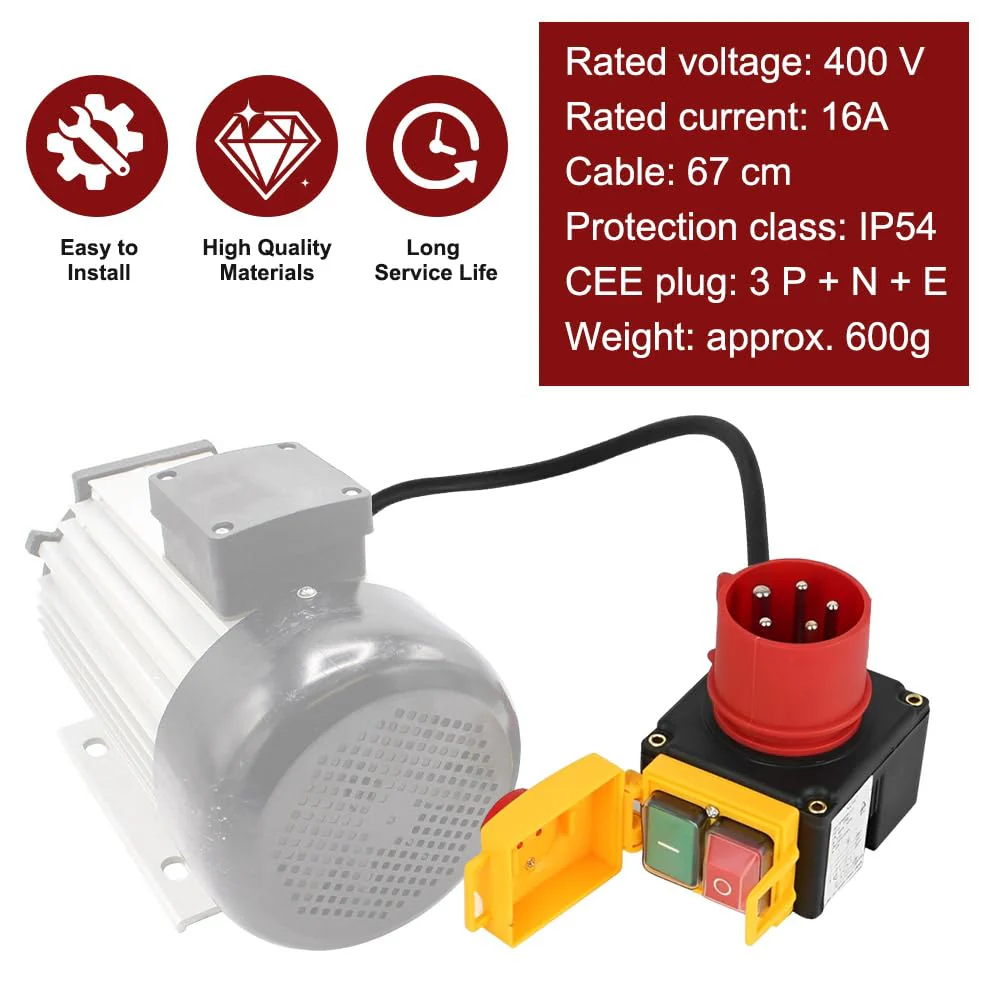 KEDU KOA7 Motor Protection Switch 400 V, 3-Phase Plug Switch with CEE Plug, Machine Switch with Phase Inverter & 67 cm Cable, Waterproof Electromagnetic Switch for Wood Splitter, Identical Design - Image 4