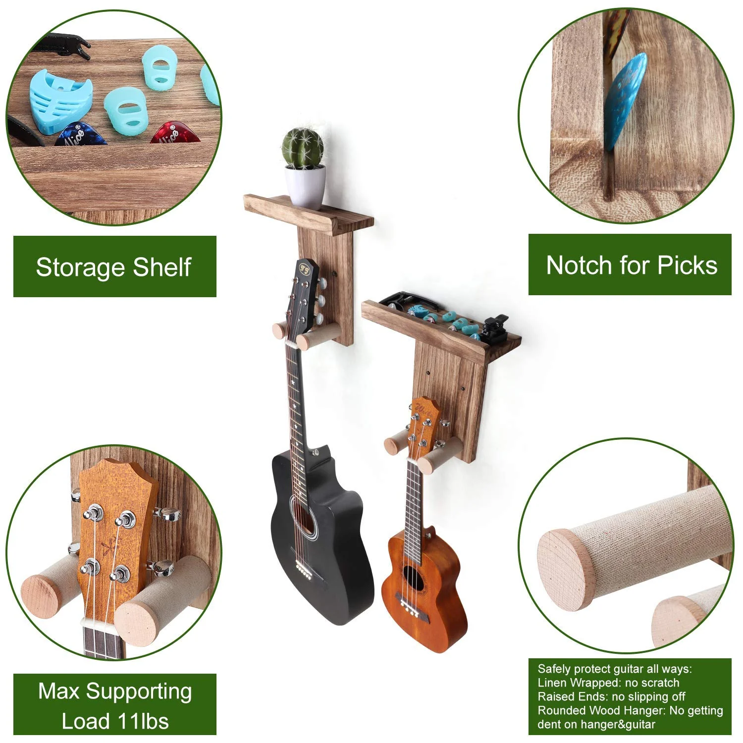 Keebofly 2-Pack Guitar Wall Mount Hanger with Shelf & Pick Holder - Wood Wall Hook for Acoustic, Electric, Bass Guitars, Ukulele (Screw-Mounted, Brown) [Patented] - Image 3
