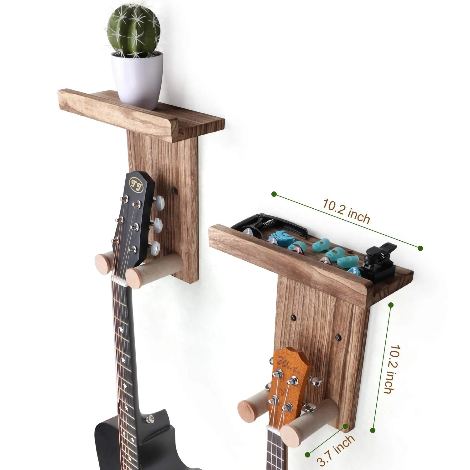 Keebofly 2-Pack Guitar Wall Mount Hanger with Shelf & Pick Holder - Wood Wall Hook for Acoustic, Electric, Bass Guitars, Ukulele (Screw-Mounted, Brown) [Patented] - Image 6