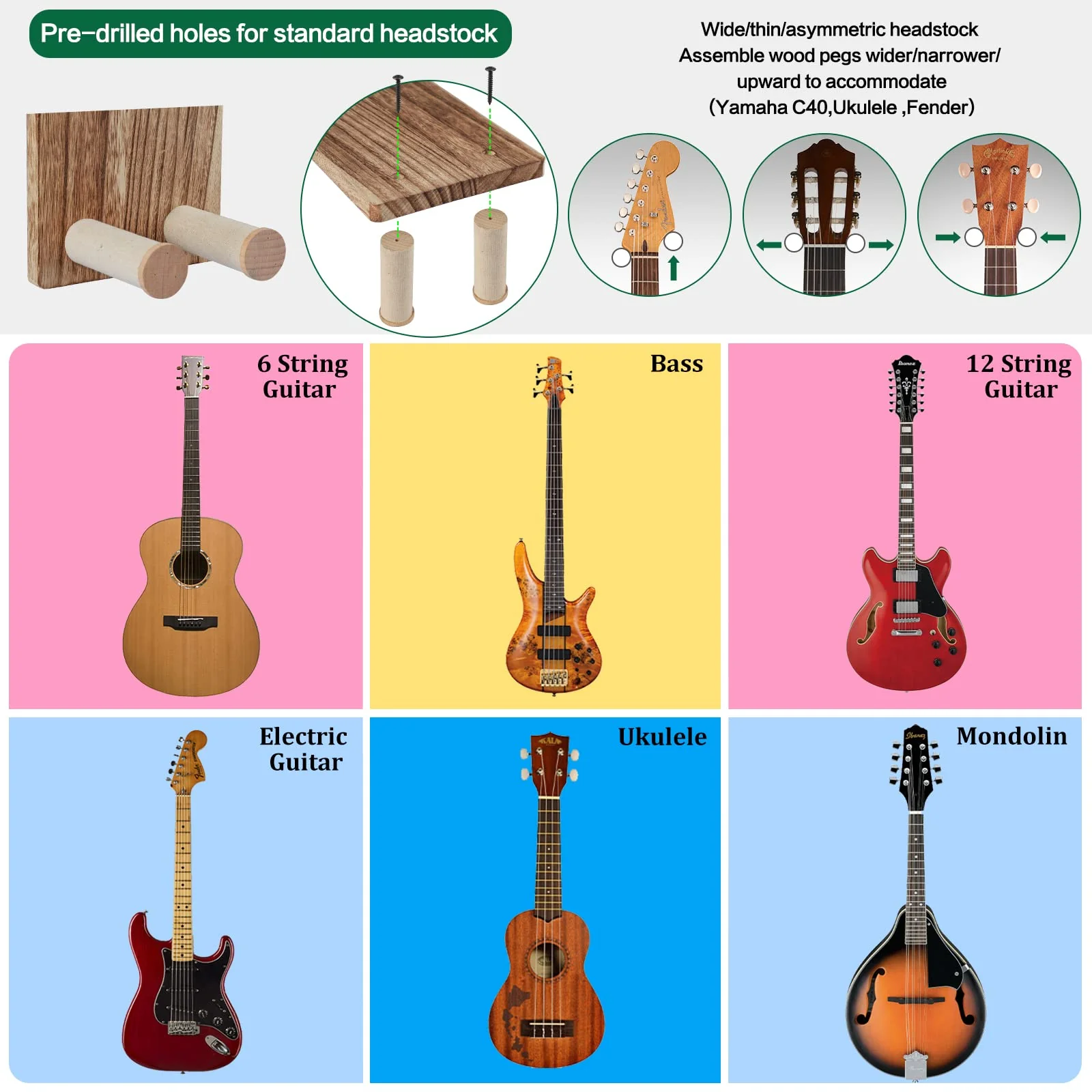 Keebofly Guitar Wall Mount Hanger with Rustic Wood Shelf- Single Pack, Wall Hook Rack for Acoustic/Electric Guitars, Bass & Ukulele, (Brown,Patented) 1 Single Pack_Brown - Image 3