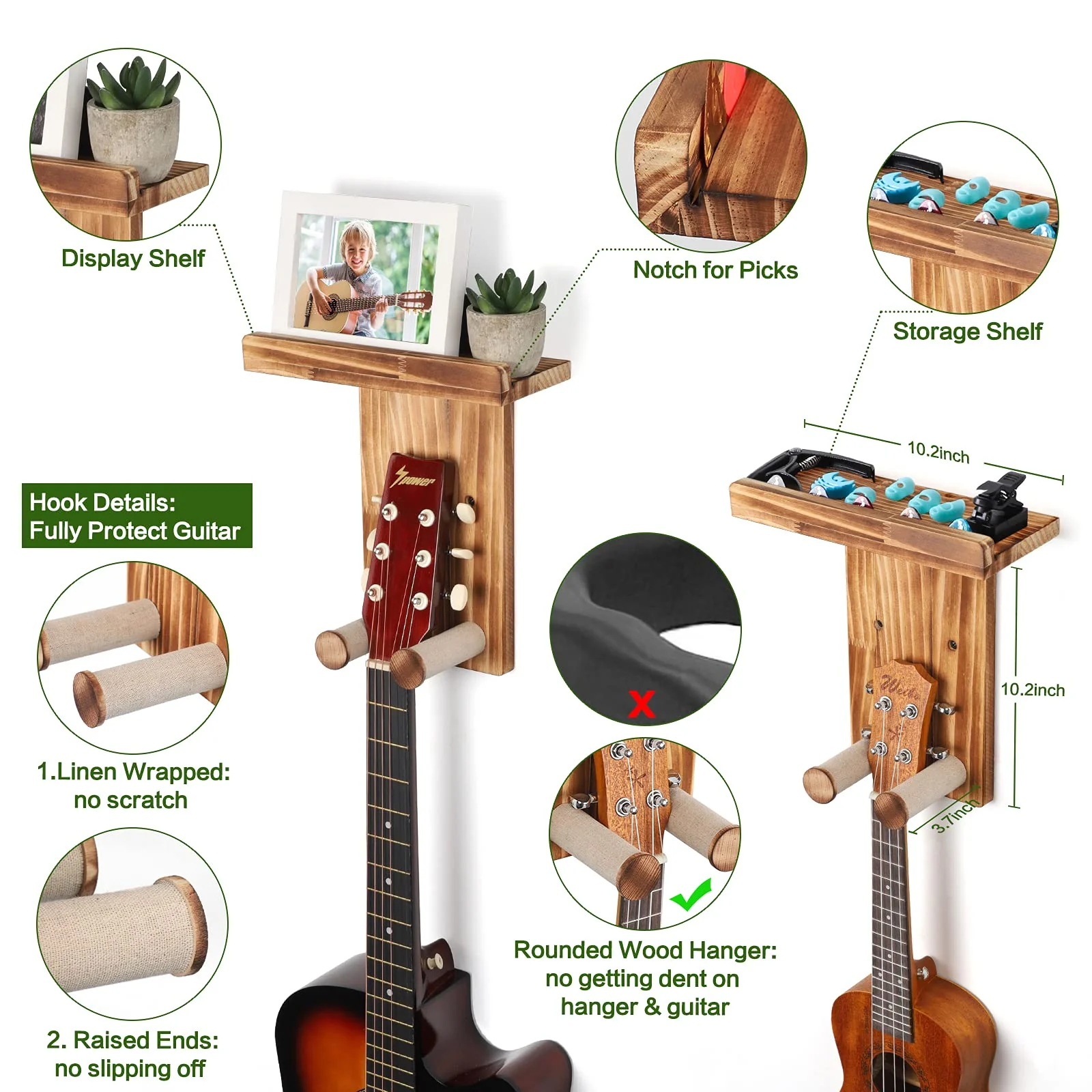Keebofly Guitar Wall Mount Hanger with Rustic Wood Shelf- Single Pack, Wall Hook Rack for Acoustic/Electric Guitars, Bass & Ukulele, (Brown,Patented) 1 Single Pack_Brown - Image 5