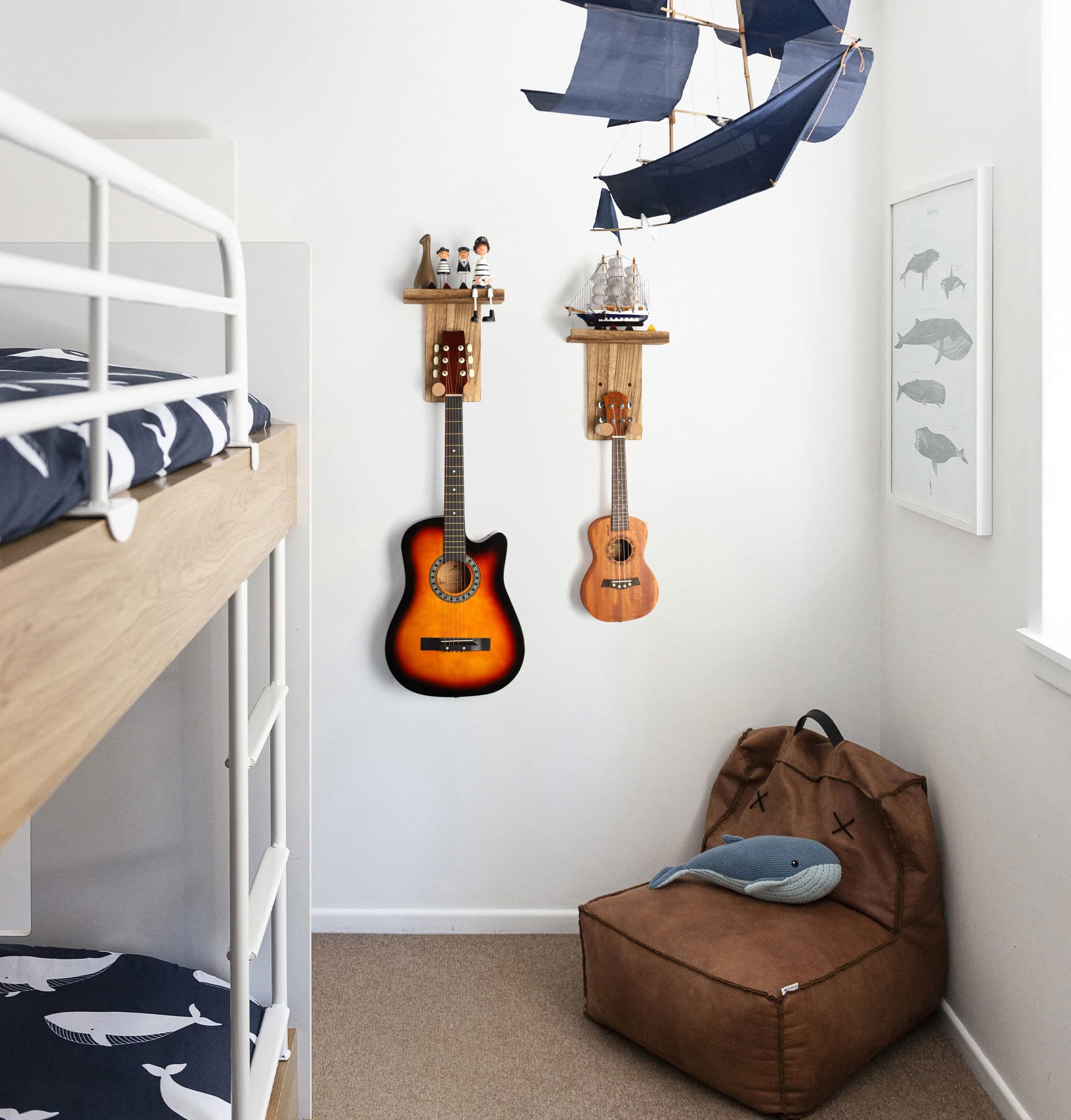 Keebofly Guitar Wall Mount Hanger with Rustic Wood Shelf- Single Pack, Wall Hook Rack for Acoustic/Electric Guitars, Bass & Ukulele, (Brown,Patented) 1 Single Pack_Brown - Image 6