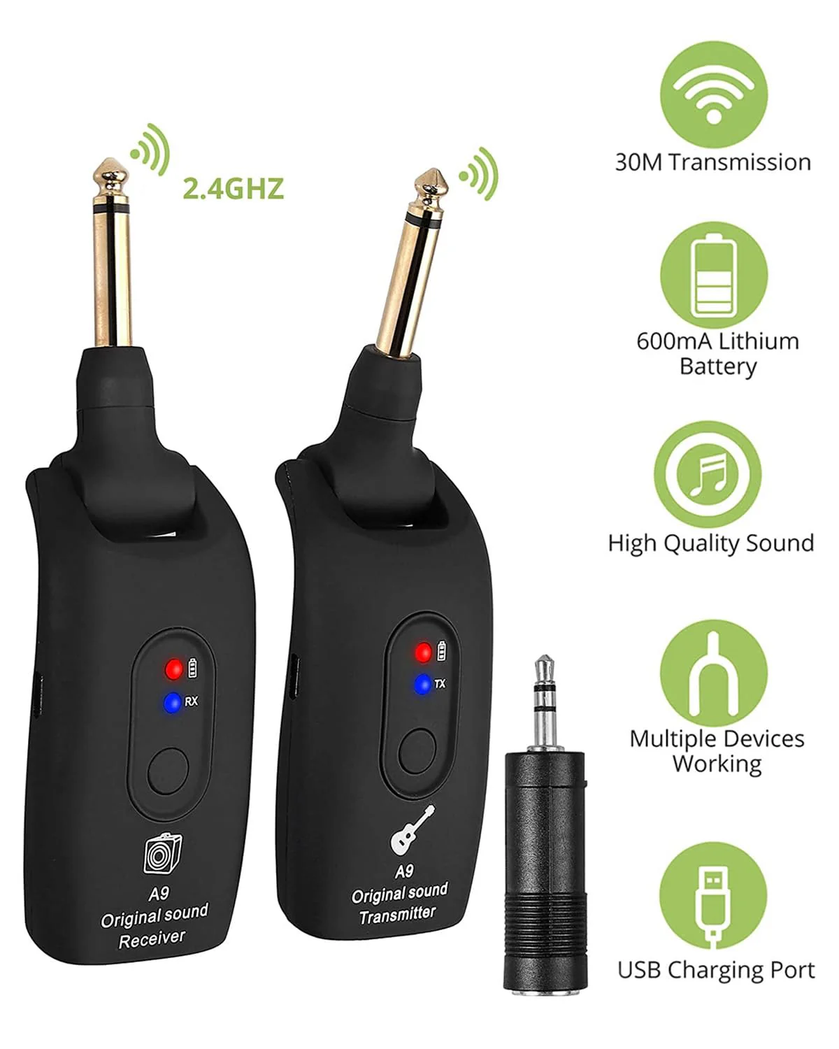 KeeKit 2.4GHz Wireless Guitar System, Rechargeable Audio Transmitter & Receiver with 6.35mm (1/4") Female to 3.5mm Male Adapter, Wireless Guitar Kit for Bass, Keyboard, Electric Organ - Image 2