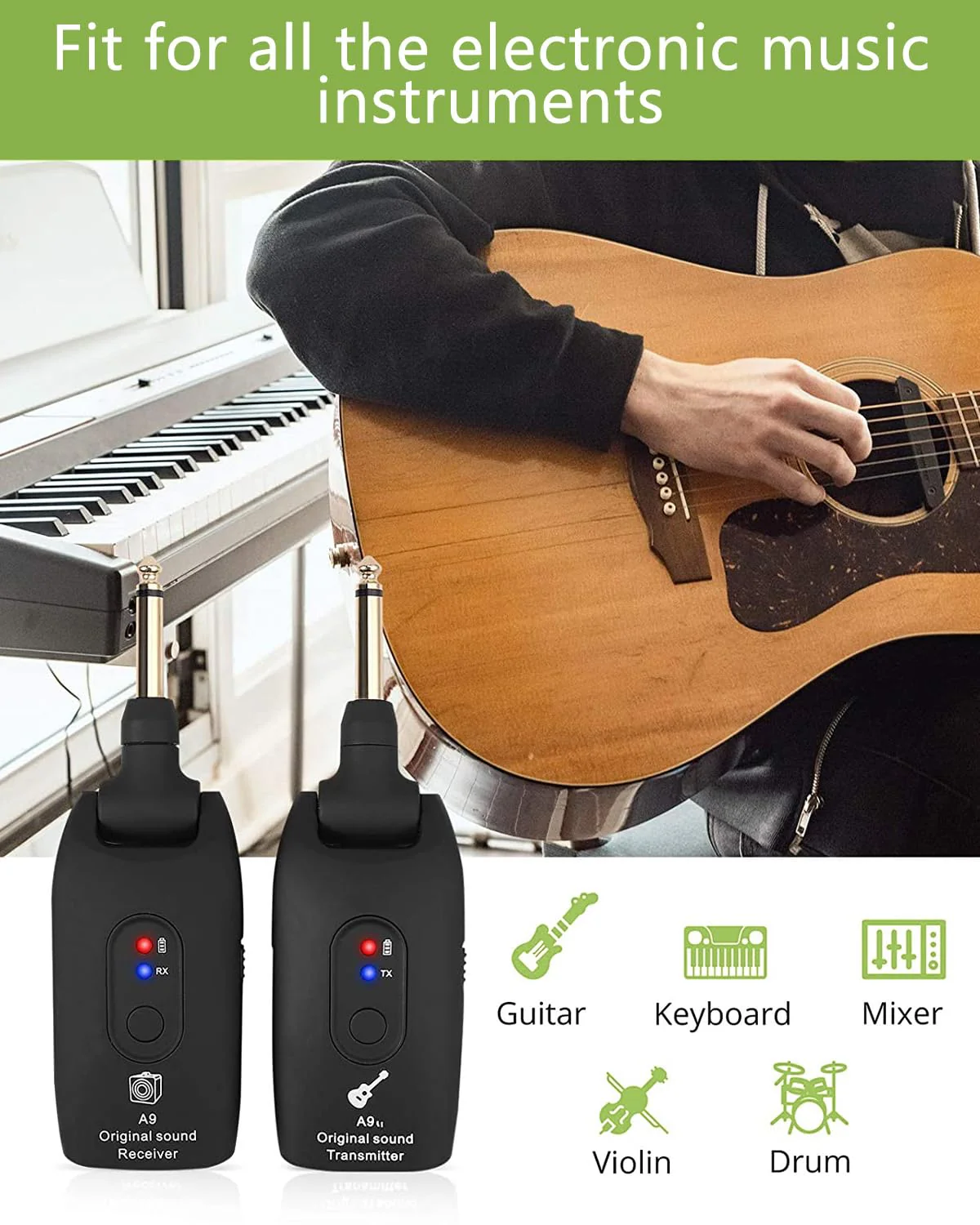 KeeKit 2.4GHz Wireless Guitar System, Rechargeable Audio Transmitter & Receiver with 6.35mm (1/4") Female to 3.5mm Male Adapter, Wireless Guitar Kit for Bass, Keyboard, Electric Organ - Image 3