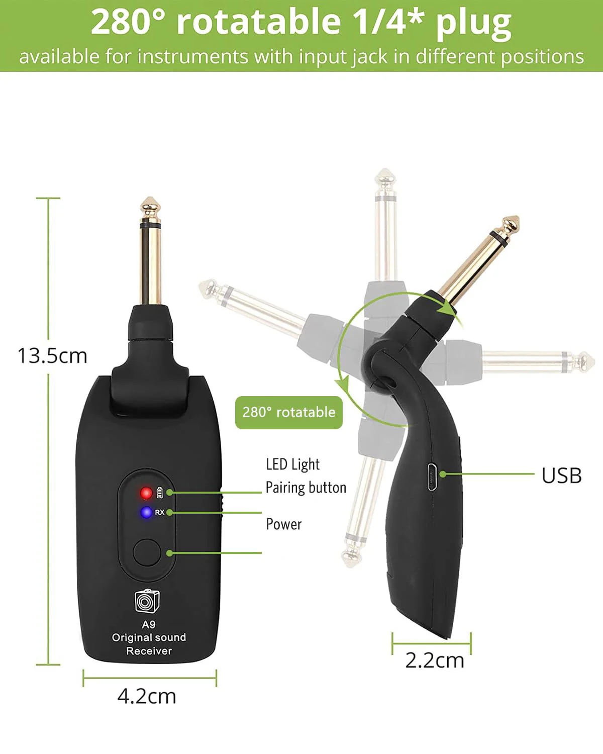 KeeKit 2.4GHz Wireless Guitar System, Rechargeable Audio Transmitter & Receiver with 6.35mm (1/4") Female to 3.5mm Male Adapter, Wireless Guitar Kit for Bass, Keyboard, Electric Organ - Image 5